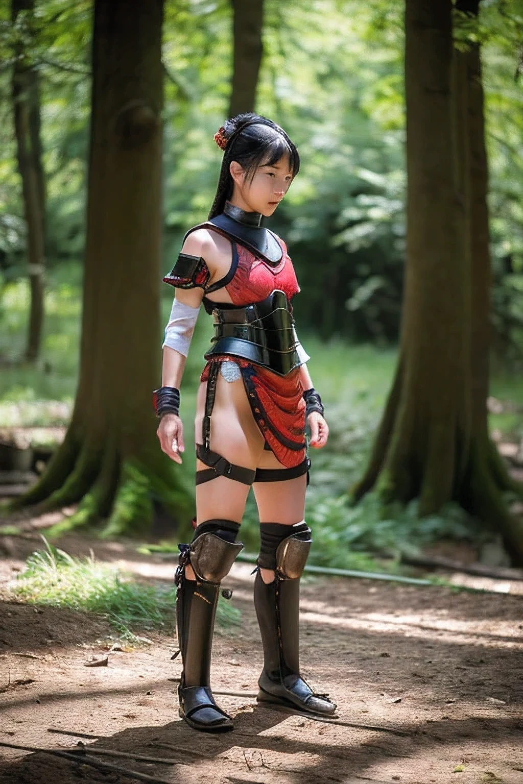 (photo Realistic:1.4), (hyper Realistic:1.4), (Realistic:1.3), best quality,dead,Fell on his back,samurai,girl,(breastplate),,slender,in the forest,from above,Detailed skin texture,whole body,,No sleeve,Dirty skin feet,(breastplate)
