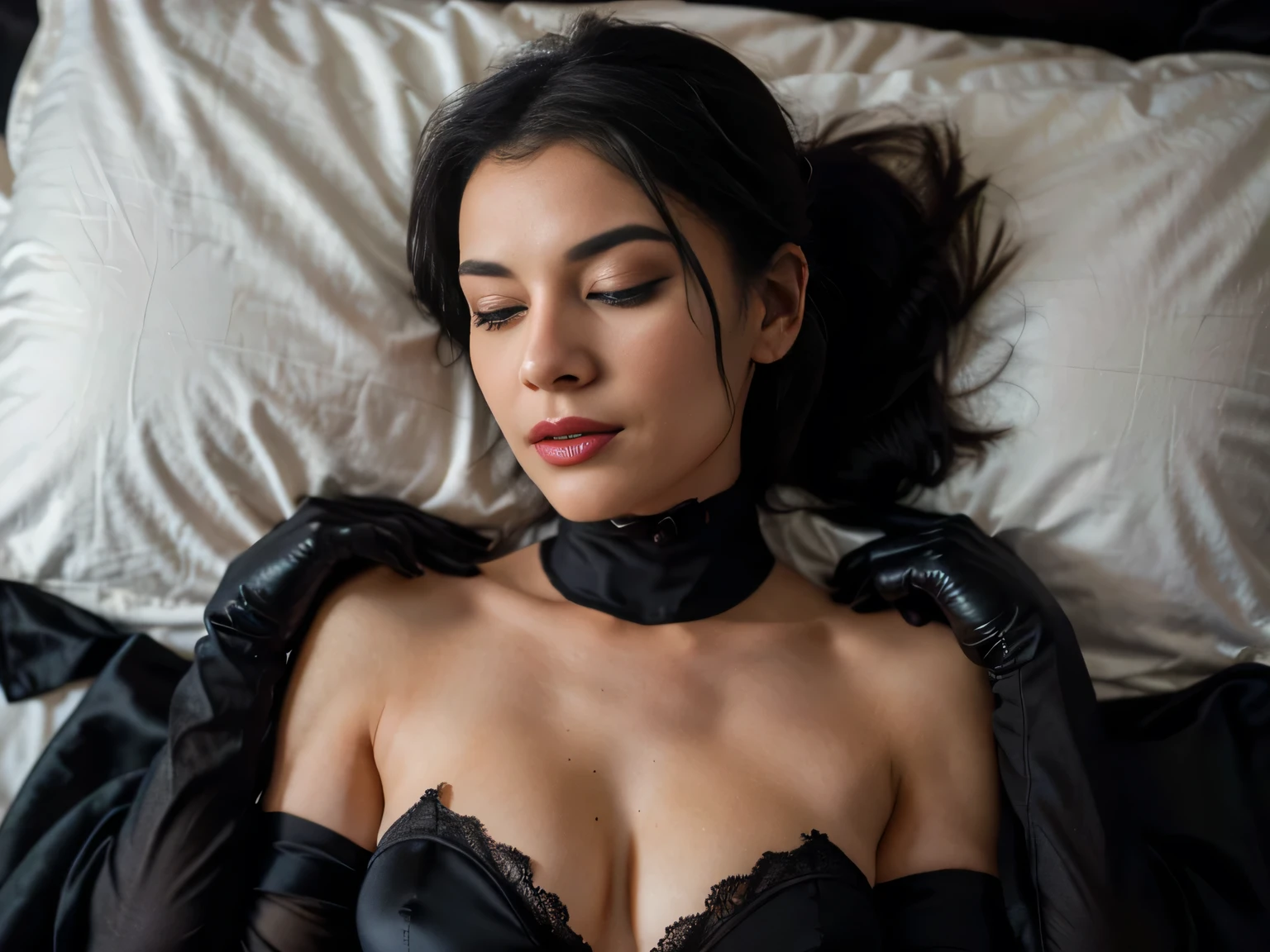 proFessional photograph oF a gorgeous eyes closed soaked sexual Bettie page girl and her lovely girlfriend, (( lying on a black satin bed,, grabbing her from behind, intense love situation, they loved to be touched,)) dressed with a large black cloth coat,ponytail Black hair, red lipstick, black long maxi-skirt(black long maxi-skirt:1.2),sultry Flirty look, gorgeous symmetrical Face, joli maquillage naturel, Fashion clothing ((black gloves)),, ultra realistic, art conceptuel, elegant, Very detailed, complexe, sharp Focus, depth oF Field, F/1. 8, 85mm, (((proFessionally color graded))), bright soFt diFFused light, (volumetric Fog), tendance sur Instagram, hdr 4k, 8K