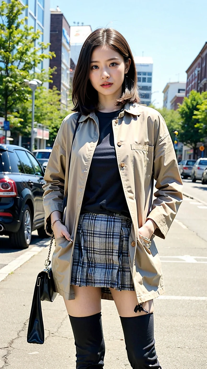 (8k、RAW Photos、highest quality、masterpiece:1.2)、(Realistic、Realistic)、1 girl、((Pink Coat、Black checked mini skirt、Big Breasts、I can see your chest、View from the front、See-through、boots、Stand with hands on hips、In the city))、