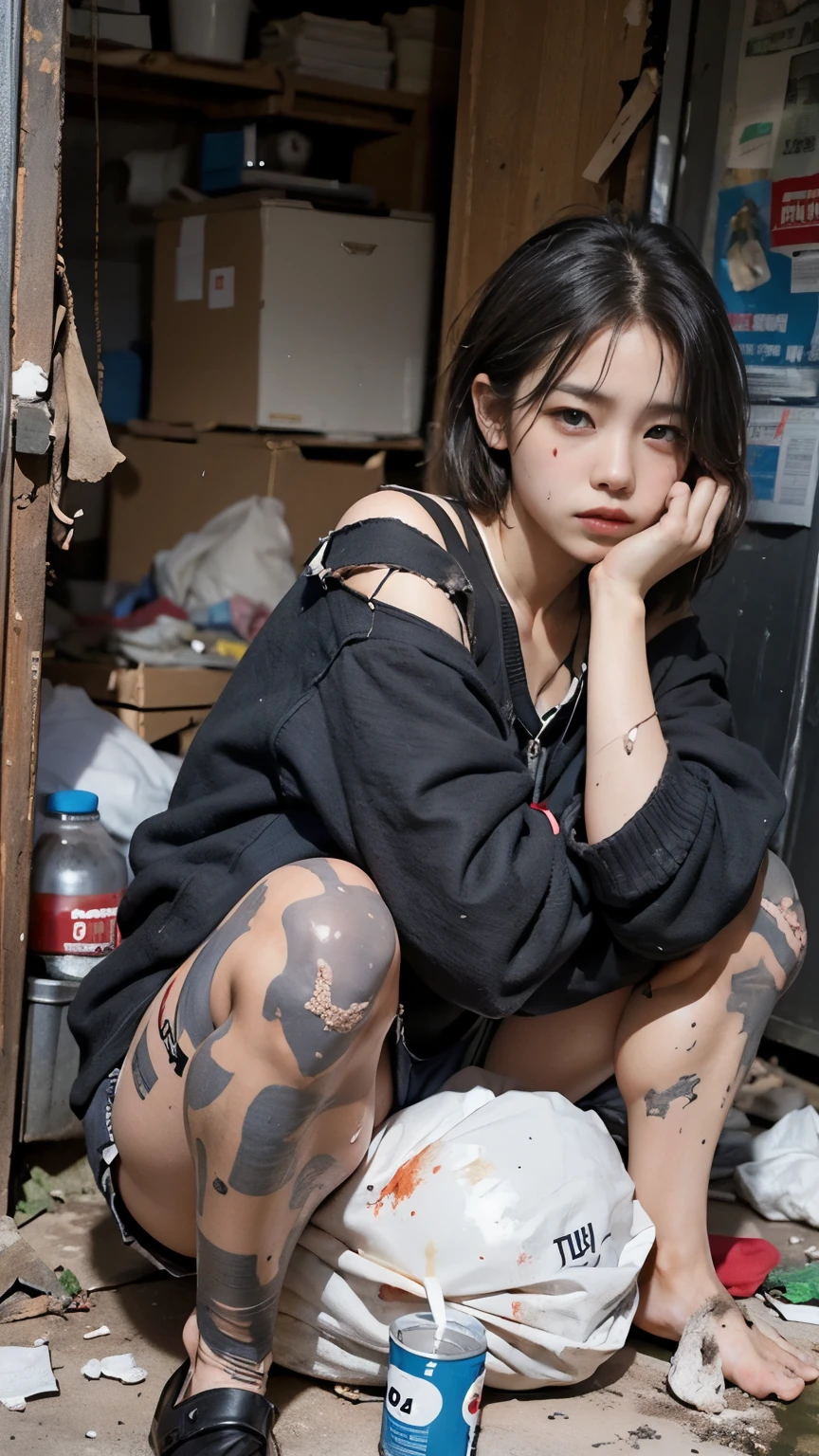 Bobcut,Eating rotten canned food,(((Homeless))),Bad complexion,Full of trash,Korean women,Pitch black,Tattered clothes,(((The collapsed room))),(((Garbage dump))),Crouching,((( in a destroyed city,Oil,Mud stains,shit,dirty))),(((Frowning,カメラをGlaring))),((((Rubble pile))),After the disaster,Very fine eye, junk,((Inside the barrack tent)),((refuge)),(((He&#39;s wearing a tattered and dirty black hoodie.,Wearing ripped pants))),(((Collapsing Building))),(((Tragic))),((photograph)),(((Fabric Shading))), (((highest quality))), (((masterpiece))) strong girl, ((((Realistic)))),,Black Hair, chic hairstyle, ((With bangs,ストレートミディアムBobcut, nice hair)), Light makeup,Red eyes, (((I&#39;m not wearing lipstick))), (nice, strong), (((Strong night atmosphere))), Centered Images, Looking at the camera, Elegant colors,Realistic Skin,Realistic texture,８k,whole body,Pale skin,Red iris,Expressionless,Glaring,Perfect Face,(((Big eyes))),Holding a blank board