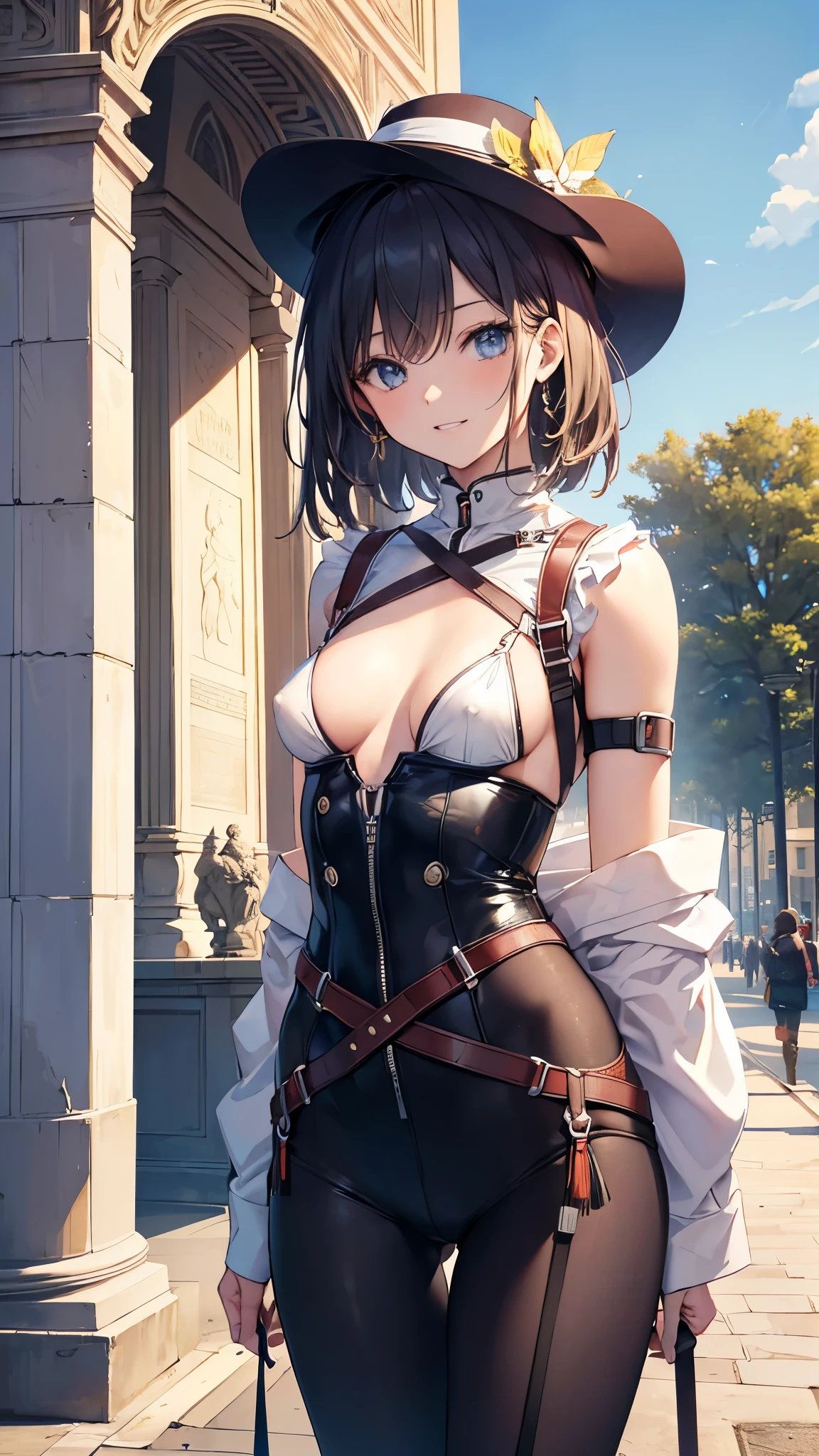 (outdoor exposure),cowboy-shot,(masterpiece:1.4), (best quality:1.4), (extremely detailed:1.33),(ultra detailed),Japanese,20 years old,split standing,cute girl,((skinny body)),(small breast:1.1),(nipples),cute smile:1.2,teeth,
(((bondage outfit))),bondage,harness,o-ring,
BREAK
outdoor,((Arc de Triompher at her background)),France,Arc de Triomphe,