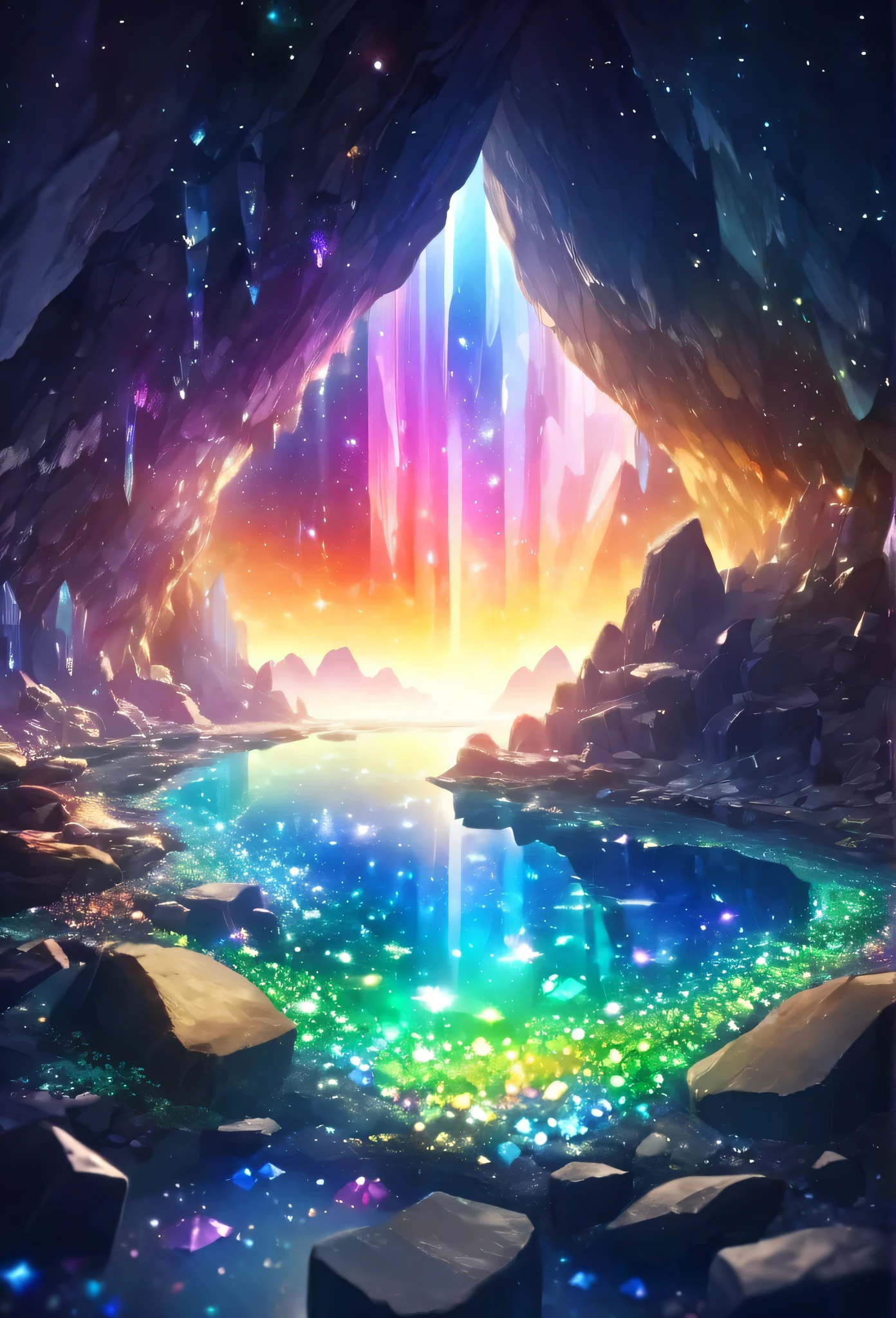 A cave or small cavity in rock formed by natural crystals,Packed with crystal clusters、Crystal or Crystal Clear、With color or special optical effects,Scenery inside the Crystal Cave、Very beautiful with rainbow color or luminous effect stars'Mysterious and fantastical depth of field works、Nature's amazing craftsmanship々Surprise。