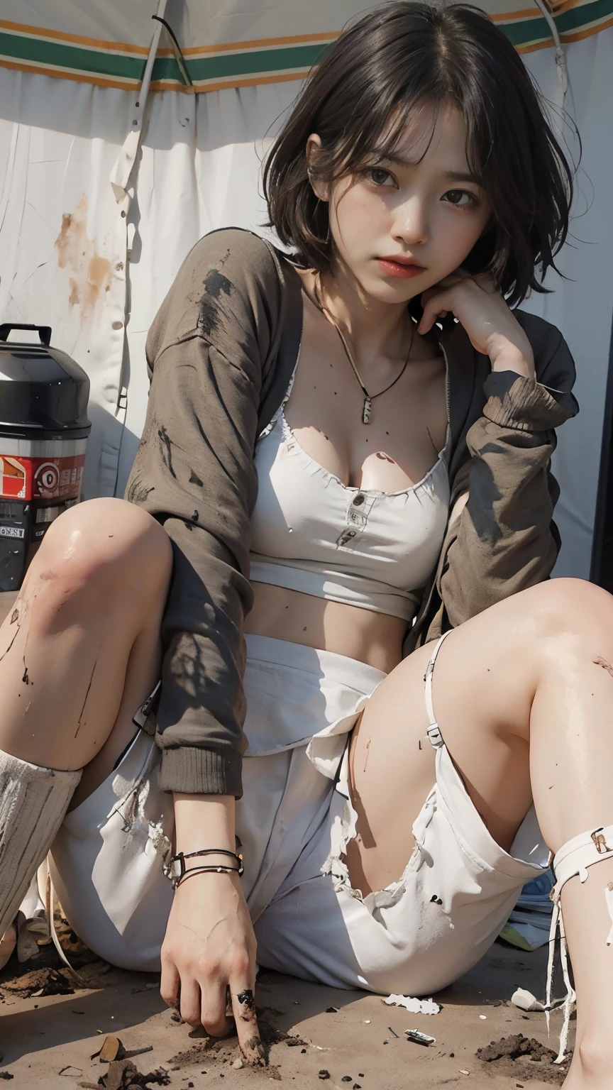 Bobcut,Eating rotten canned food,(((Homeless))),Bad complexion,Full of trash,Korean women,Pitch black,Tattered clothes,(((The collapsed room))),(((Garbage dump))),Crouching,((( in a destroyed city,Oil,Mud stains,shit,dirty))),(((Frowning,カメラをGlaring))),((((Rubble pile))),After the disaster,Very fine eye, junk,((Inside the barrack tent)),((refuge)),(((He&#39;s wearing a tattered and dirty black hoodie.,Wearing ripped pants))),(((Collapsing Building))),(((Tragic))),((photograph)),(((Fabric Shading))), (((highest quality))), (((masterpiece))) strong girl, ((((Realistic)))),,Black Hair, chic hairstyle, ((With bangs,ストレートミディアムBobcut, nice hair)), Light makeup,Red eyes, (((I&#39;m not wearing lipstick))), (nice, strong), (((Strong night atmosphere))), Centered Images, Looking at the camera, Elegant colors,Realistic Skin,Realistic texture,８k,whole body,Pale skin,Red iris,Expressionless,Glaring,Perfect Face,(((Big eyes))),Holding a blank board