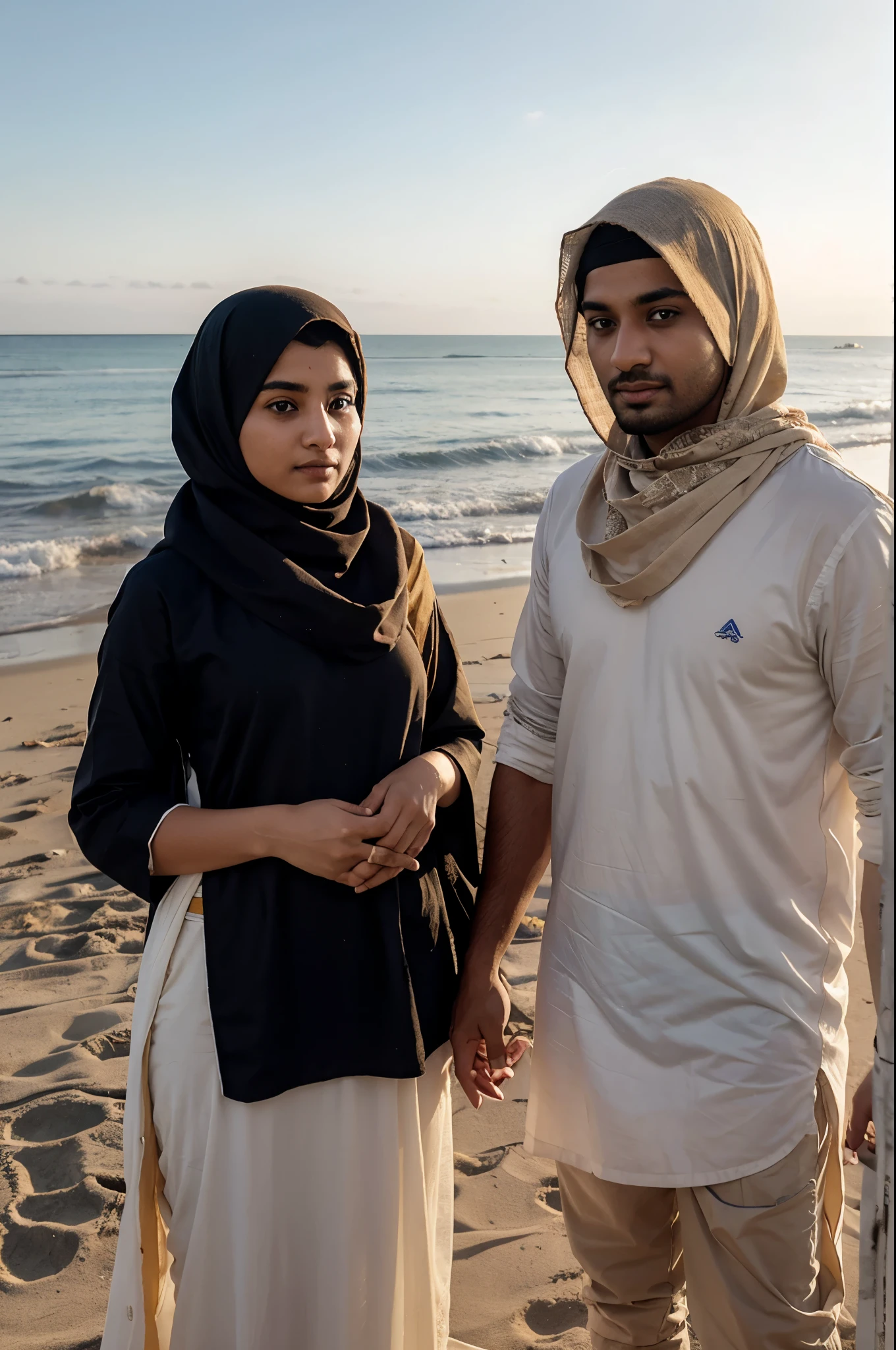 On the beach, a boy in Punjabi and a girl in a veil are standing together