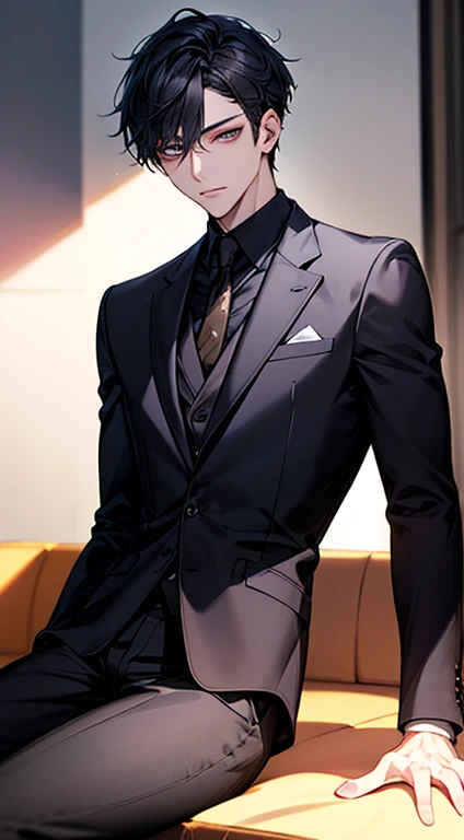 (Best Quality,8k,Master Painting),One boy,(Purpose 1:1,Clear Eyes,A sophisticated eye,Delicate eyes,Eye details,Good Eyes),short hair,Black business suit,Face Focus,adult,Black suit,Best Quality,Facial details,Sit in the room,Sit on the sofa,Detailed Background,Diffused sunlight,Depth of written boundary,Background blur for optimal light,Best Shadow,Cinematic Light,(Real Skin),Ray-tracing,Unreal Engine 5,Reflex muscles,digital illustration,Game CG character,Supermodel,(K-Pop,Idol),(Body Edge Light,Colored light sources are all around),The wind is fluttering my hair,Looking into the distance