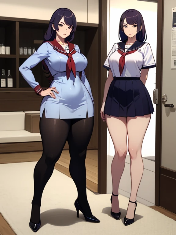 Big Breasts, Big Hips, Full Body Shot, Mature mother, Voluptuous thighs, A cow, Seductive mature woman, Perfect body, Plus Size Model, Sailor suit, Wearing high heels,Miniskirt Uniform, 