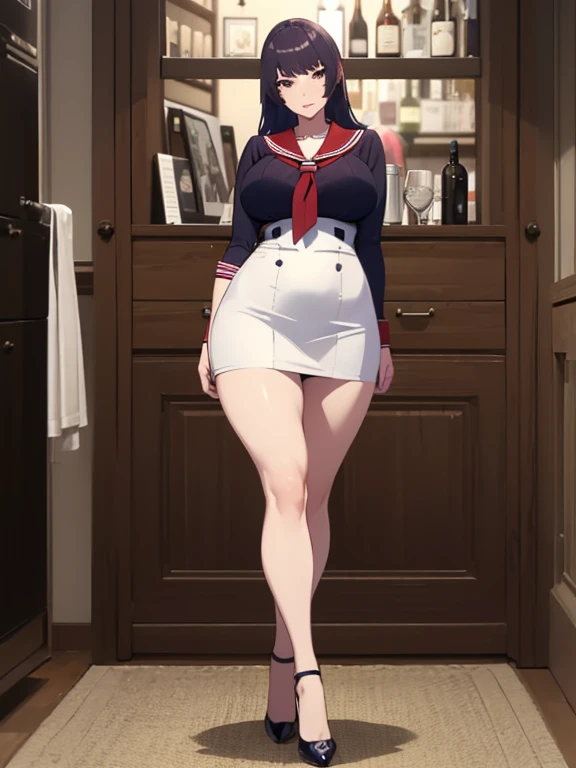 Big Breasts, Big Hips, Full Body Shot, Mature mother, Voluptuous thighs, A cow, Seductive mature woman, Perfect body, Plus Size Model, Sailor suit, Wearing high heels,Miniskirt Uniform, 