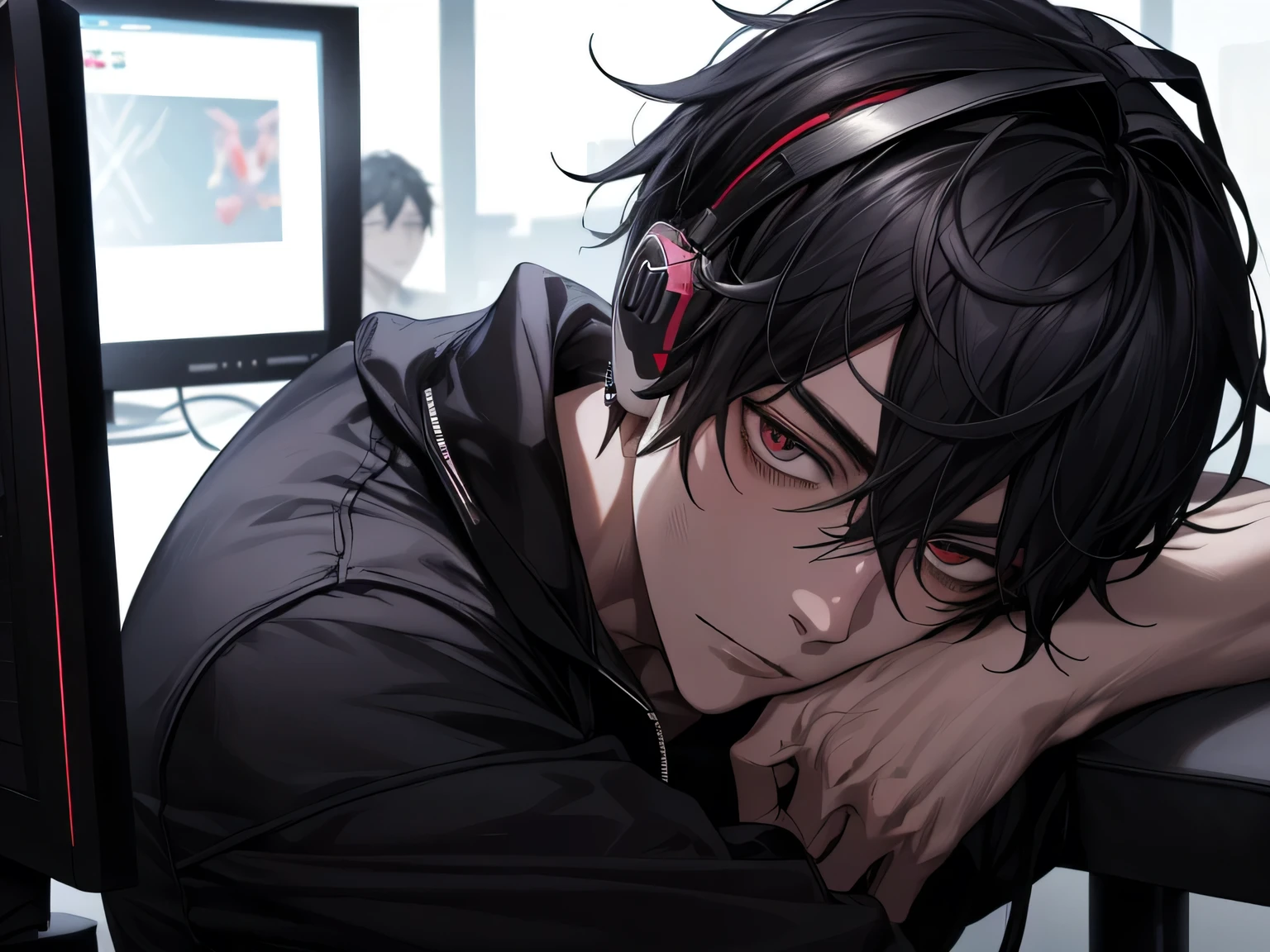 Face close-up,One man,26 years old,Adult,(Black Mask),Tired look,Yandere,highest quality,Black Hair,Gamer,Facial details,,(Headphones),Ear piercing,Sitting in front of a computer, Esports Room
