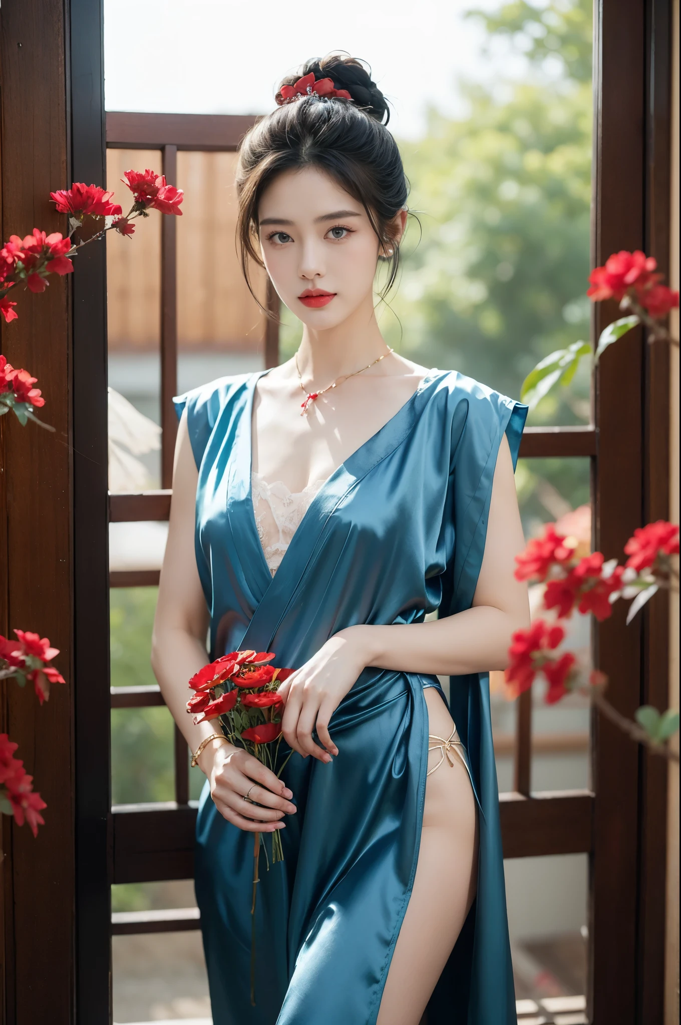 high detal,8K resolution,A masterpiece,highest quality,filigree,tmasterpiece,Beautiful,Stunning antique beauty,Perfect look,Perfectly refined and clear facial features(Meticulous facial portrayal),the most beautiful big eyes,Beautiful pupils,long eyelasher,Delicate and beautiful makeup,Be red in the face,Moisturize pink lips,(((Gorgeous slim sleeveless blue silk embroidered phoenix robe,obi strip,Small red flowers))),,Black shiny hair coiled(Chinese antique hairstyle design),Beautiful hairpin hair accessories,Beautiful earring necklace,Noble temperament,Slim waist,Slender and long legs,perfect bodies,Sexy and charming,Precise and perfect human anatomy,Facing the viewer,Inside the magnificent palace,Carved fence jade,Works of masters,tmasterpiece,Best quality at best,high high quality,A high resolution,,cinmatic lighting,depth of fields,Close-up。Bust photo of a girl around 22 years old,Perfectcomposition,Precise and perfect human anatomy,Golden ratio creation,Surreal and realistic。Detailed skin details,White skin of the,shiny skin,Creamy glowing skin,Skin that is white and red。Exquisite depiction of facial features,Perfect makeup,Detailed depiction of the face,Clean and flawless face。A sweet smile,Smile without showing your teeth。Extremely detailed depiction of hair,Black hair coiled,tying hair,High bun,The wind blew away the hair。Eyebrows upturned,long eyelasher,double eyelid。Affectionate eyes,big bright eyes,Sweet with lying silkworms。tall nose bridge。Thin lips,Pink lip gloss,Straight teeth。Delicate collarbones。Delicate pendant,耳Nipple Ring。Perfect tall figure,with a well-proportioned body,Long legs and thin waist,Skinny beauty,Can't be too thin。Straight chest,medium boob。Keep your head up and your chest up,Look ahead,Face the lens,are standing。Ancient architectural background(((Chinese style new Chinese ink floral dress))),Bust photo
