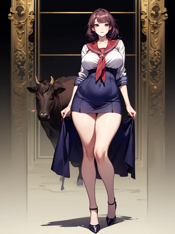 Big Breasts, Big Hips, Full Body Shot, Mature mother, Voluptuous thighs, A cow, Seductive mature woman, Perfect body, Plus Size Model, Sailor suit, Wearing high heels,Miniskirt Uniform, 