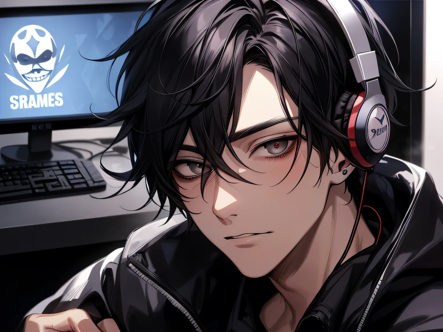 Face close-up,One man，26 years old,Adult,(Black Mask),Tired look，Yandere,highest quality，Black Hair,Gamer,Facial details，,(Headphones),Ear piercing,Sitting in front of a computer, Esports Room