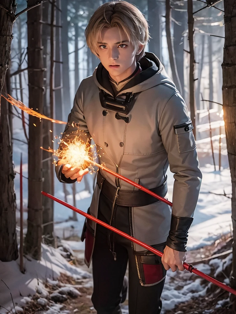 1male, rudeus greyrat, red eyes, handsome, angry, casting  magic fireballs, full body,  grey clothes, realistic clothes, detail clothes, forest background, holding a staff, magic fire, blood splatter, depth of field, night, red light particles, light rays, sid e lighting ,Best Quality, High resolution, extremely detailed , 8K, Highly realistic, Ultra-realistic, photos realistic,
