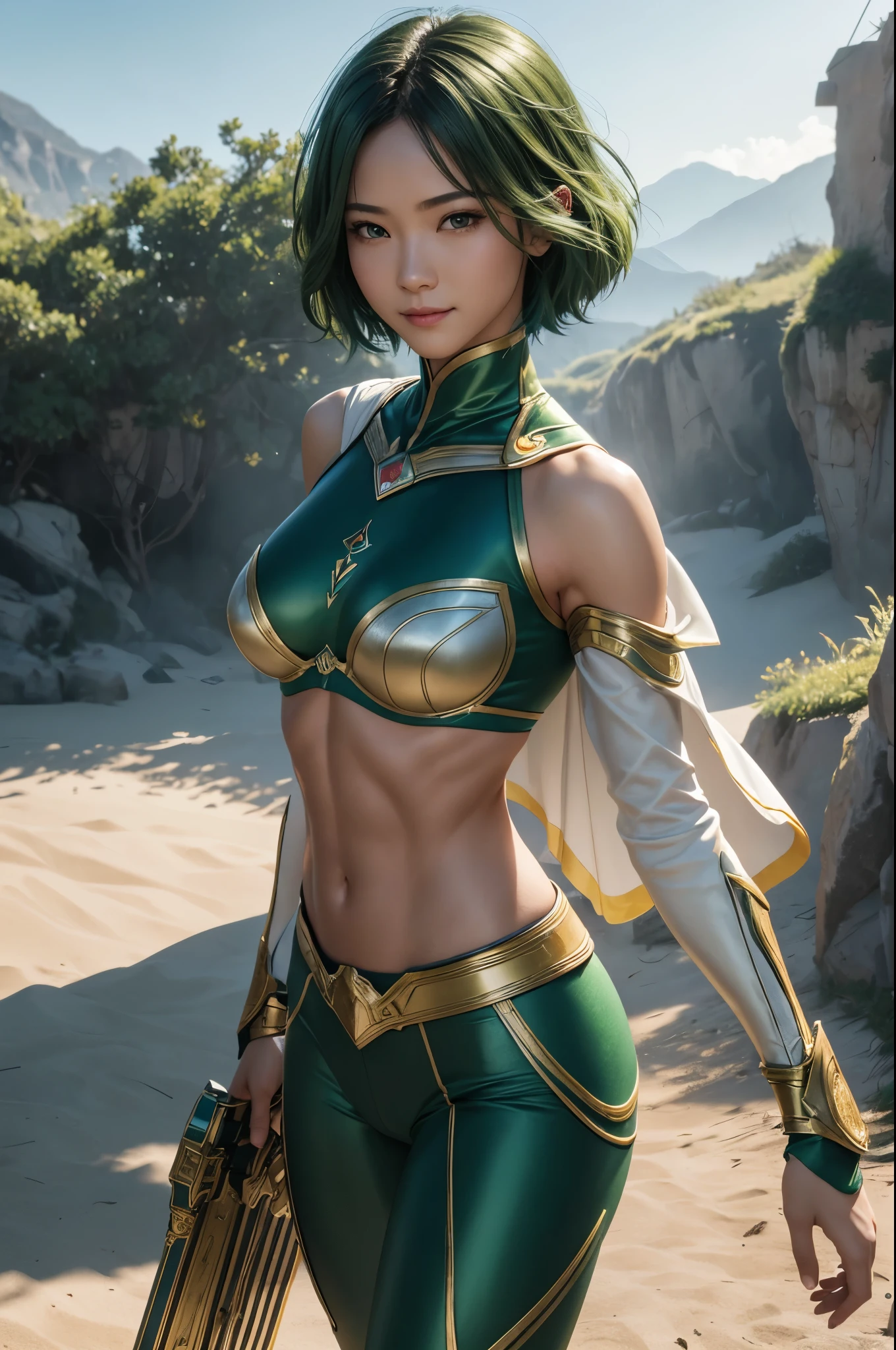 8K,Wind Lady Paladin,Super Beauty(Like the real thing),Green short bob hair,Green Eyes,Green and white metallic chest armor,Green and white combat trousers,Green Gauntlets,Green leggings,lean muscular body,Hard and strong abs,Fantasy art、charm、Looking at the audience、Captivating Gaze、masterpiece,masterpiece,highest qualityのフォトリアリスティックなRAW写真。Bright colors,Rich colors, Backlight, Film Grain, 50mm lens, Nikon D850,Realistic Skin,Ultra-high resolution,Realistic scale skins,Muscular and slender figure,Very detailedなアート作品、 Detailed digital animation art、Dynamic Angle,Ultra-high resolution,Like the real thing見える肌,charm的,Active,Super Beauty,(Like the real thing),DeviantArt Artstation CGScosiety, 3D Rendering Character Art, 写真のようにリアルなPerfect body, sexy,Muscular and slim body,Muscular and toned lower body,close,masterpiece,highest qualityの写実的ななRAW写真。Bright colors,Rich colors, Backlight, Film Grain, 50mm lens, Nikon D850,,(8k,写実的なhighest quality;1.4) ,Slim figure, Perfect body, There is cleavage in the chest, Very thin hair, Pleasure Gas, Glossy Lips, 超Realistic,Cinematic, (Excellent anatomy), (Good balance), Awards, masterpiece, Centered,charm,Volume measurement,Body balance,Ultra-high resolution,Ultra-Realistic Skin,Digital single-lens reflex camera, Soft lighting, Very detailedスキン, Very detailed顔, Very detailed目, lip, Detailed Background, Written boundary depth, Excellent anatomy, (Realistic, 超Realistic:1.4), 16K HDR, The abdominal muscles are intense and defined,Very detailed、masterpiece、highest quality、Dynamic Angle、Film Grain、Best Shadow、delicate、Particles of light、Observe the audience、Cinema Lighting、battlefield,smile,Close-up,BATTLE MODE,smile,Green Cape,Green short bob hair,Ready to fight,Action Scenes,Action pose,荒野のbattlefield,Throwing a fist