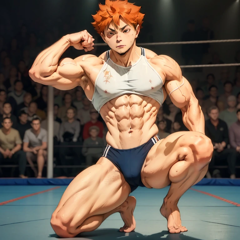 (Eine detaillierte Zeichnung von Hinata, male , Bodybuilding-Fitnessstudio.), With a naked torso, oiled body, Ripping clothes, the strongest of all, huge muscular body, big Bizeps, big shoulders, Muskelbeine,Abs, Barefoot, Kampfkunst, hoher Tritt, Full body image, seitliche Brust, Wrestling Kampf gewonnen , beserk