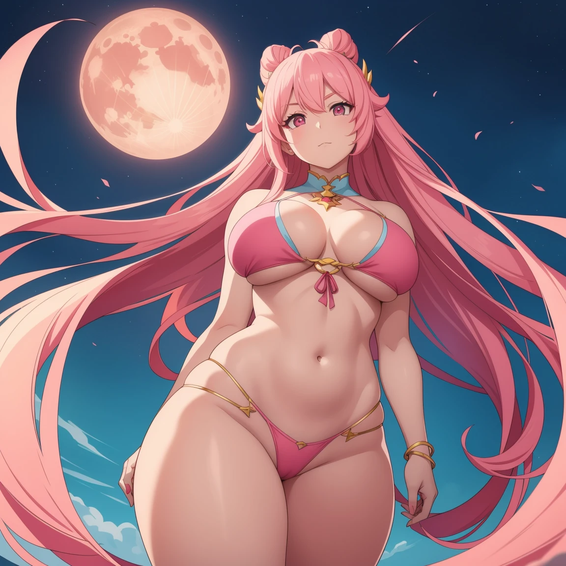 a woman in a pink bikini and a full red moon in the background, trending on cgstation, moon goddess, extra thicc, character is in her natural pose, goddess of the moon, lunar goddess, beautiful alluring anime woman, inspired by Ross Tran, smooth digital concept art, in the style of ross tran, ross tran style, by Russell Dongjun Lu, anime woman