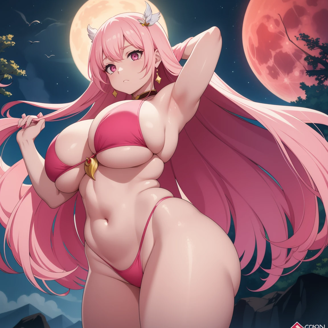 a woman in a pink bikini and a full red moon in the background, trending on cgstation, moon goddess, extra thicc, character is in her natural pose, goddess of the moon, lunar goddess, beautiful alluring anime woman, inspired by Ross Tran, smooth digital concept art, in the style of ross tran, ross tran style, by Russell Dongjun Lu, anime woman