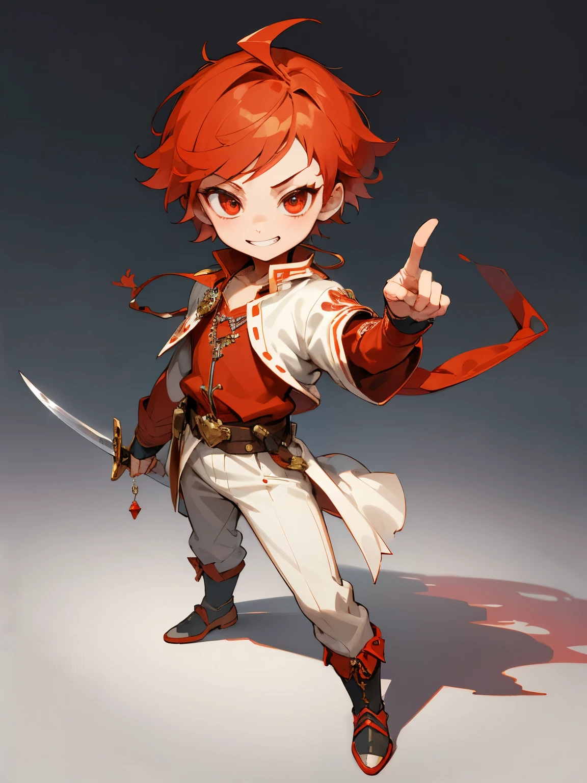 boy, full body, cartoon style, chibi style, cute, （index finger raised : 1.3）, high detailed finger, swordman, beautiful face, grin face, red color eye, beautiful eye, high detailed pupil, double eyeylid, high detailed skin, high quality skin, red color hair, short hair, white clothes, professional lighting, real shadow, masterpiece,