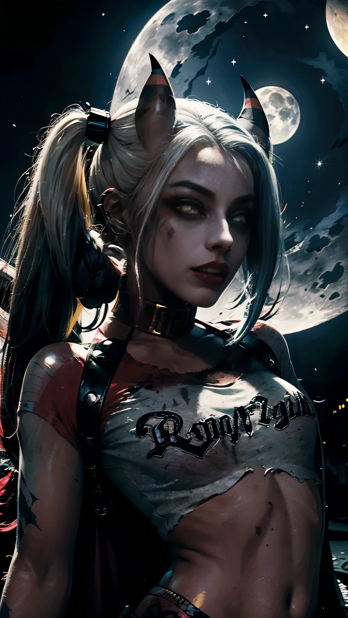 The female character Harley Quinn with long straight shiny black hair, bright yellow eyes, red skin, with bat wings on her back, with demon horns on her head, vampire fangs, white teeth, wearing black, moonlight, moon in the starry sky, in realistic art style.