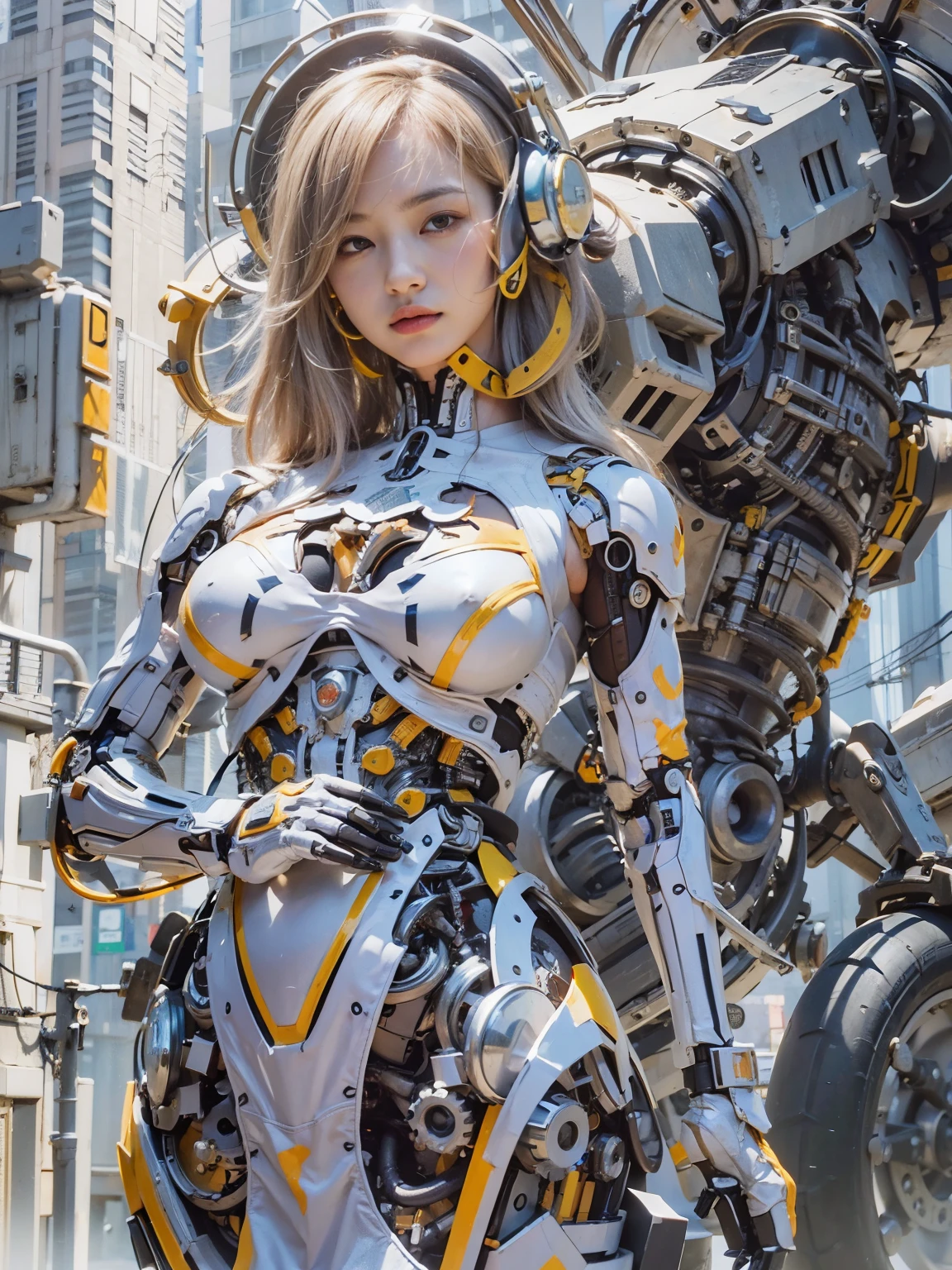 (masterpiece, best quality:1.2), (8k uhd, 16k, 32k, ultra high res), (photorealistic:1.37), (RAW photo), ultimate-realistic, ultimate-realistic details, ultimate-realistic texture, ultimate-intricate details, ultimate-realistic lighting, ultimate-realistic shadow, 1 japanese girl, ultimate-cute face, ultimate-RAW skin, ultimate-realistic eyes, (mechanical:1.4),  (armor), full body, wide shot