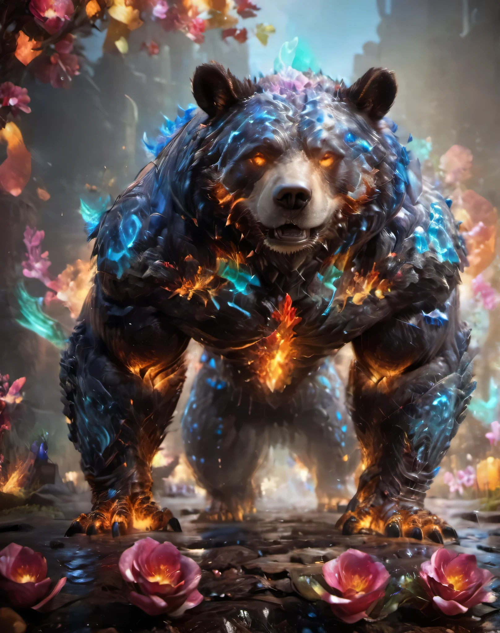 Rainbow Dream XL,Close-up portrait of a fearsome giant in a rocky landscape,Apex Animal,God-like,Majestic,Fractal Particles,Bear,Dissolve,FK as aesthetics,Magical Effects,Armor parts,amazing,Trending on Artstation,Awards,Bokeh,Cinematic,Private Press 