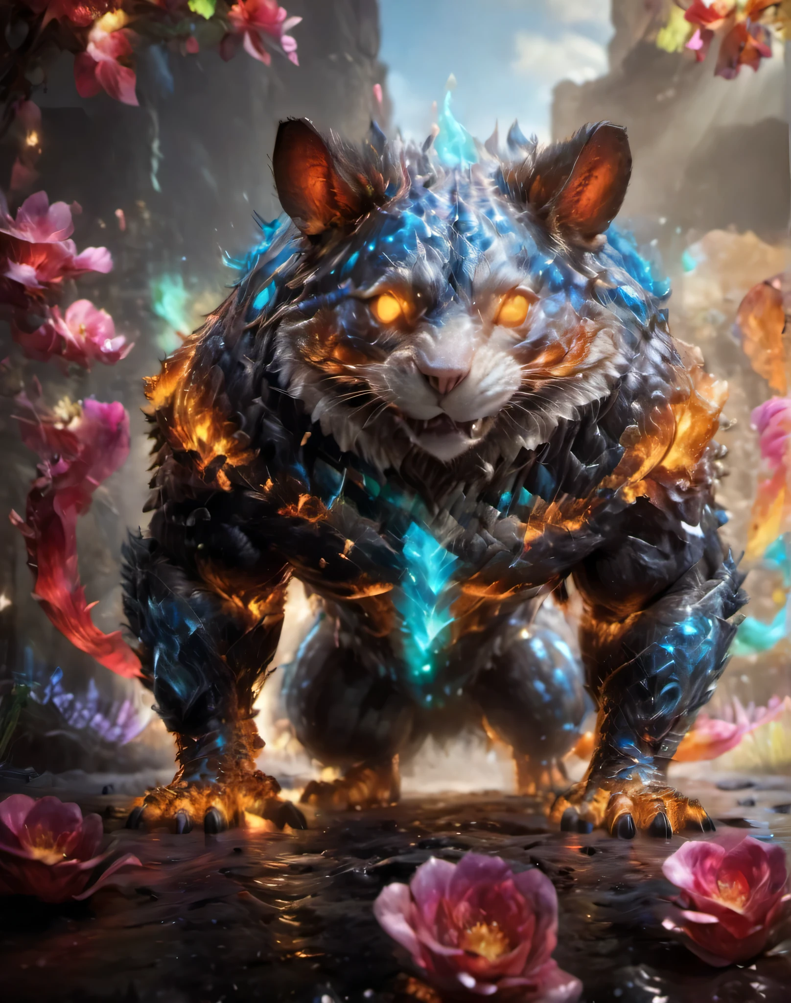 Rainbow Dream XL,Close-up portrait of a fearsome giant in a rocky landscape,Apex Animal,God-like,Majestic,Fractal Particles,mouse or rat,Dissolve,FK as aesthetics,Magical Effects,Armor parts,amazing,Trending on Artstation,Awards,Bokeh,Cinematic,Private Press 