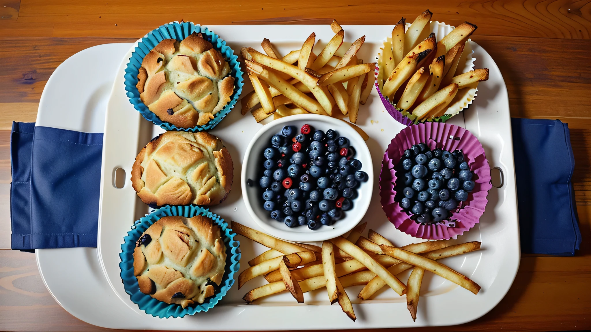 blueberry muffins from the hot air fryer, foodcrispy chicken with French fries from the hot air fryer, food phoography from above, beautifully arranged on a plate photography from above, beautifully arranged on a plate