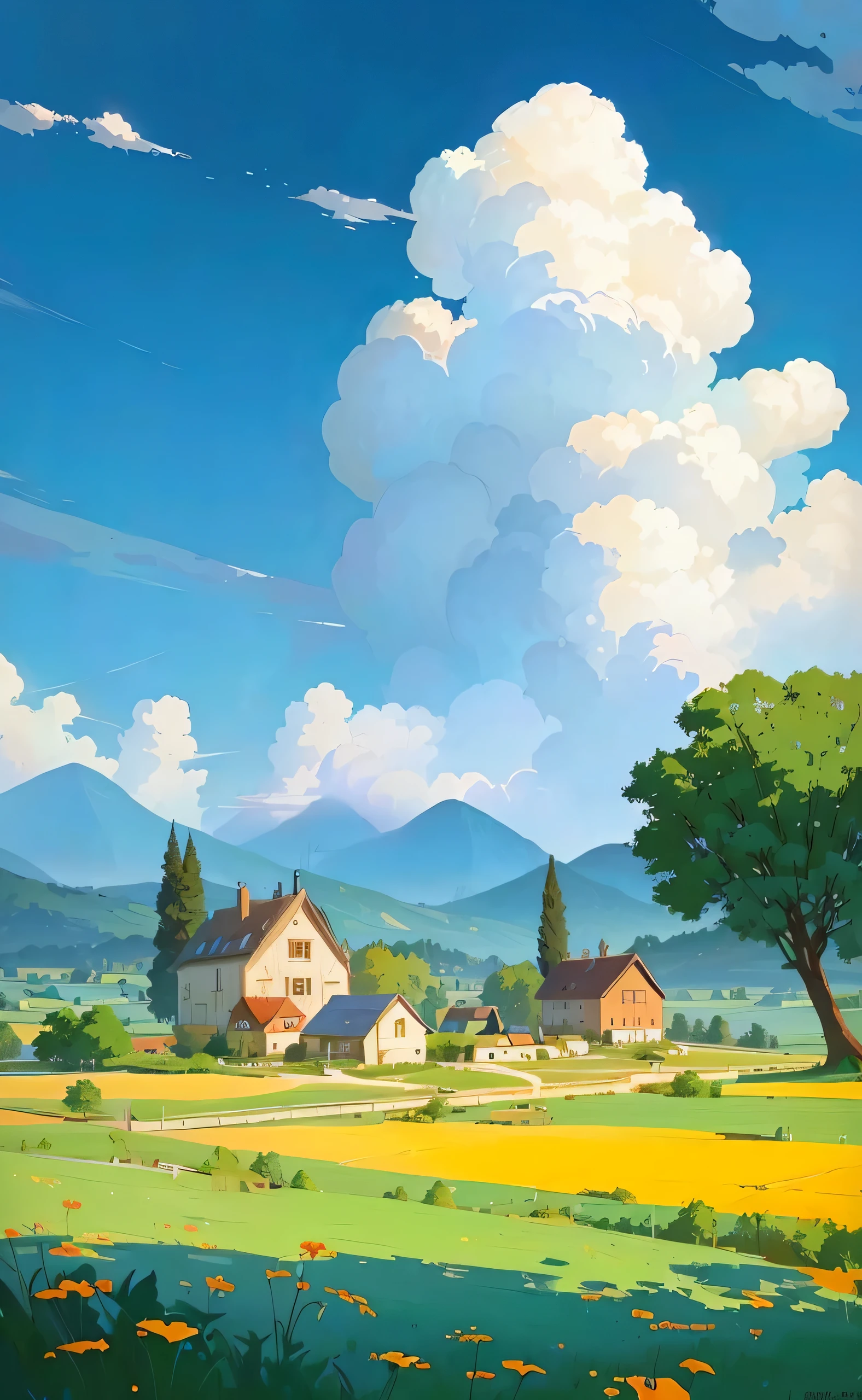 There is a painting,There is a farm in the painting,There is a house and a tree inside, anime rural scenery, low detail. Digital Painting, background technology, Larz van Baarle and Louis van Baarle, Distant village background, A beautiful artistic illustration, Digital concept art, wlop 和 RHADS, In the anime painter studio, author:Aleksander Gine, Very coherent stylized artwork