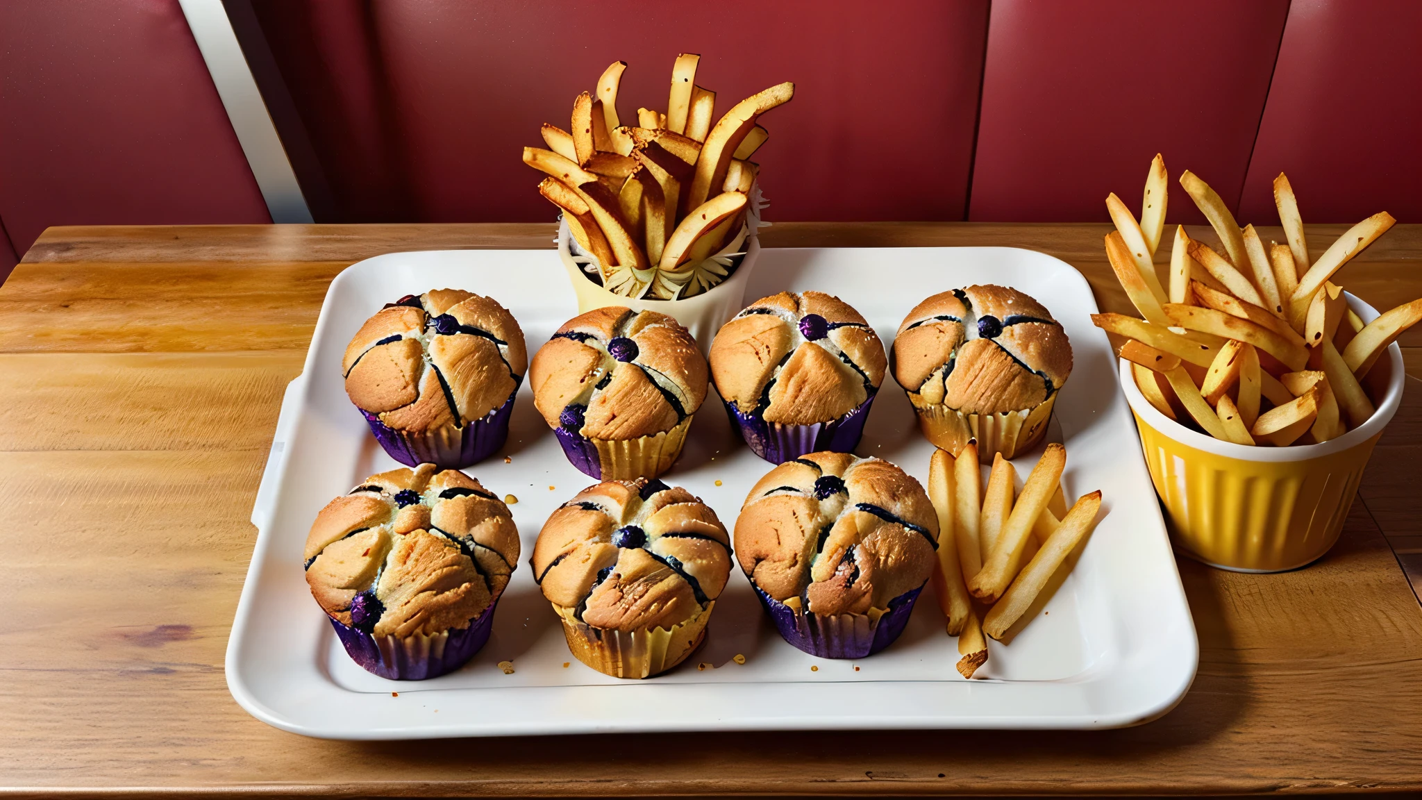 blueberry muffins from the hot air fryer, foodcrispy chicken with French fries from the hot air fryer, food phoography from above, beautifully arranged on a plate photography from above, beautifully arranged on a plate