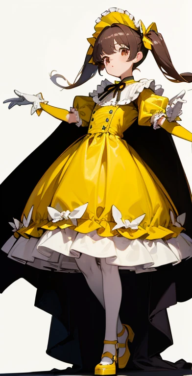front、whole body、girl、Twin tails、Lolita、(Yellow Dress)、Cape、Frills、(((whole body)))、Pastry chef、vision、((White background))、 Yellow line gloves、sight、Stand on your own two feet、Spread your hands