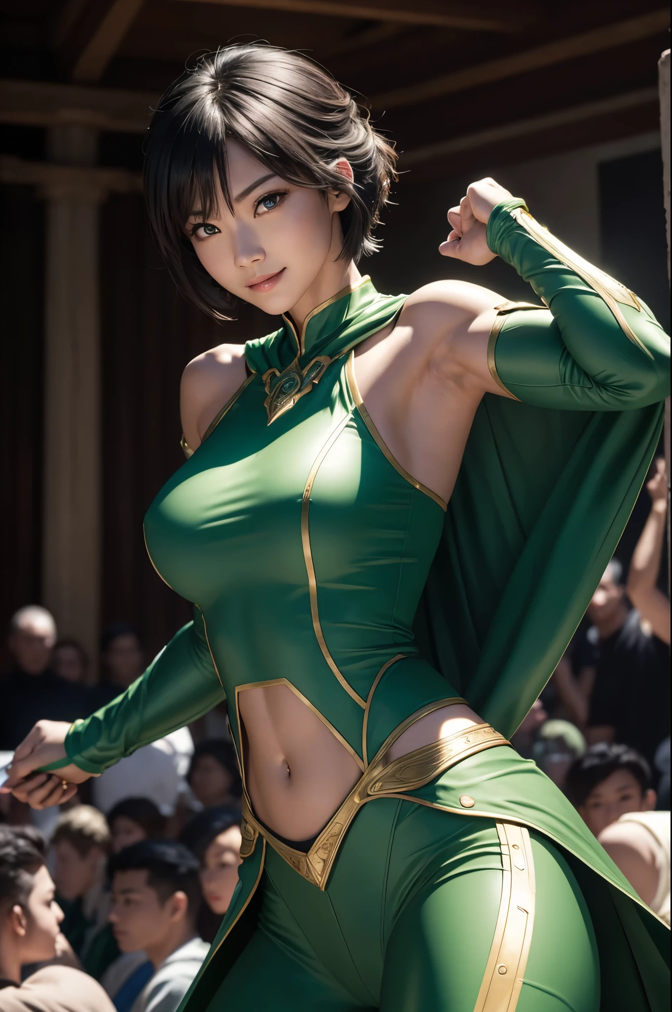 8K,Wind Lady Paladin,Super Beauty(Like the real thing),Green short bob hair,Green Eyes,Green and white metallic chest armor,Green and white combat trousers,Green Gauntlets,Green leggings,lean muscular body,Hard and strong abs,Fantasy art、charm、Looking at the audience、Captivating Gaze、masterpiece,masterpiece,highest qualityのフォトリアリスティックなRAW写真。Bright colors,Rich colors, Backlight, Film Grain, 50mm lens, Nikon D850,Realistic Skin,Ultra-high resolution,Realistic scale skins,Muscular and slender figure,Very detailedなアート作品、 Detailed digital animation art、Dynamic Angle,Ultra-high resolution,Like the real thing見える肌,charm的,Active,Super Beauty,(Like the real thing),DeviantArt Artstation CGScosiety, 3D Rendering Character Art, 写真のようにリアルなPerfect body, sexy,Muscular and slim body,Muscular and toned lower body,close,masterpiece,highest qualityの写実的ななRAW写真。Bright colors,Rich colors, Backlight, Film Grain, 50mm lens, Nikon D850,,(8k,写実的なhighest quality;1.4) ,Slim figure, Perfect body, There is cleavage in the chest, Very thin hair, Pleasure Gas, Glossy Lips, 超Realistic,Cinematic, (Excellent anatomy), (Good balance), Awards, masterpiece, Centered,charm,Volume measurement,Body balance,Ultra-high resolution,Ultra-Realistic Skin,Digital single-lens reflex camera, Soft lighting, Very detailedスキン, Very detailed顔, Very detailed目, lip, Detailed Background, Written boundary depth, Excellent anatomy, (Realistic, 超Realistic:1.4), 16K HDR, The abdominal muscles are intense and defined,Very detailed、masterpiece、highest quality、Dynamic Angle、Film Grain、Best Shadow、delicate、Particles of light、Observe the audience、Cinema Lighting、smile,Close-up,BATTLE MODE,smile,Green Cape,Green short bob hair,Ready to fight,Action Scenes,Action pose,Wilderness Battlefield,Throwing a fist,Fighting Mode,