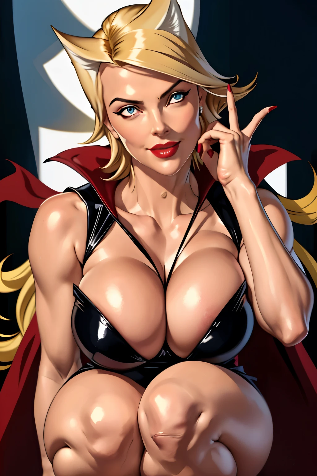 ((highest quality)), ((masterpiece)), (be familiar with), (High definition), Cinematic, (Complex:1.4), Best Shadow, Side lighting, 8K, ((Charlize Theron)), ((Doronjo)), Perfect Face, Detailed, (Accurate hand and finger depiction), ((Doronjoのマスクとコスチューム)), (Blonde Long Hair), Beautifully long red nails, deep red lipstick, (Voluptuous body), (Large Breasts)、(Cleavage), Narrow waist, Big Ass, Alluring, glamorous, Smile, ((Crouching)), (woman on top), (Chest up:1.2), Flattering pig