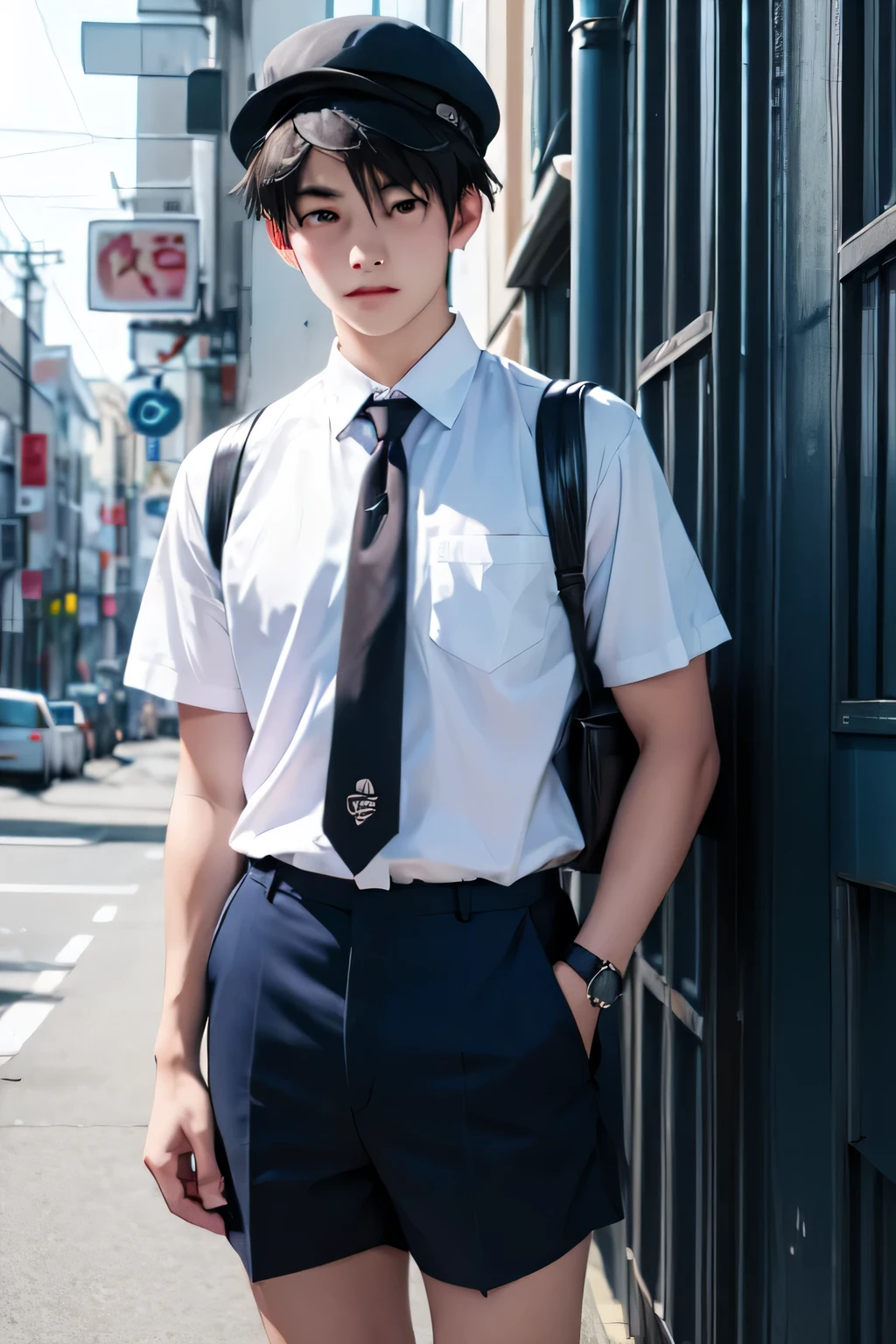 Japanese 、White shirt、Navy blue tie、Navy blue shorts、Black bowler hat