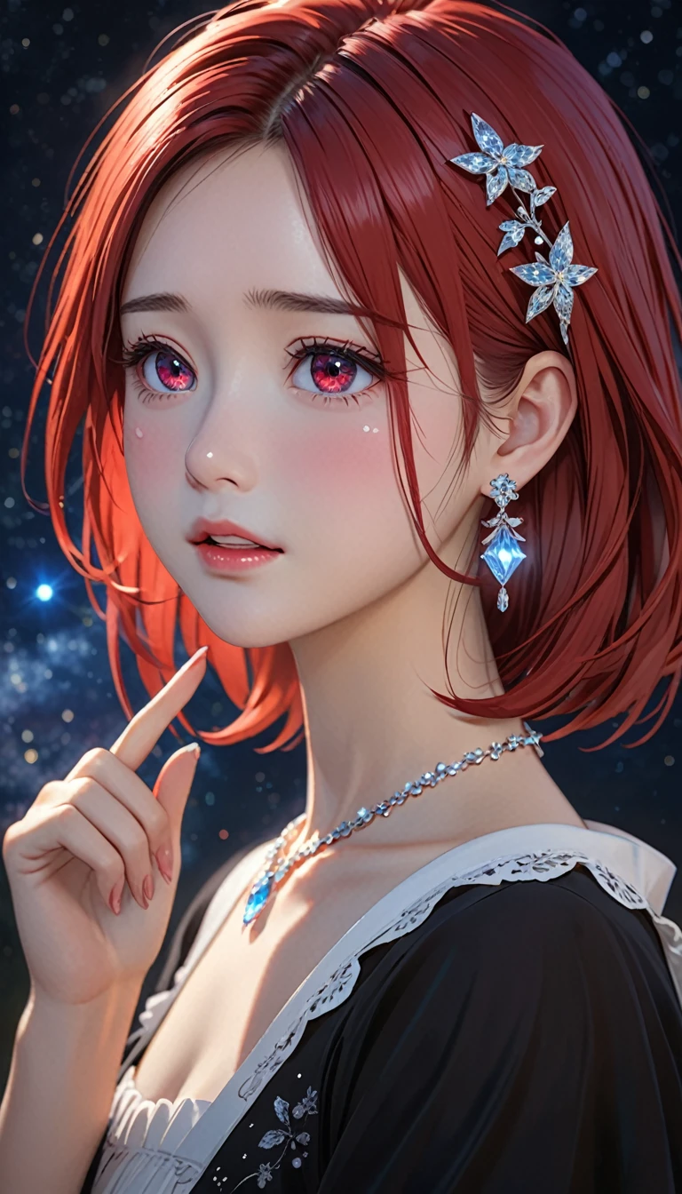 National Science Foundation,masterpiece,High resolution,8K,Art,digit,Three-dimensional,Realism,Kyoto Animation Style,your name movie style,looking into camera,Soft Light,Glowing skin,(1 female: 1.3),(alone: 1.4),(((red hair))),(black lolita),black lolita上鑲嵌著暗紅色的寶石,(crystal hairpin),(small crystal necklace),(crystal earrings),(crystal bracelet),(Crystal ring on index finger),Long eyelashes,Slender legs,Short Bob,Close-up of upper body,Close-up,close view,Castlevania style background,(Eyes as deep as the starry sky),(open mouth),(blush),(shy),(lovely and delicate),(Pitiful),(((cry))),(((sad)))