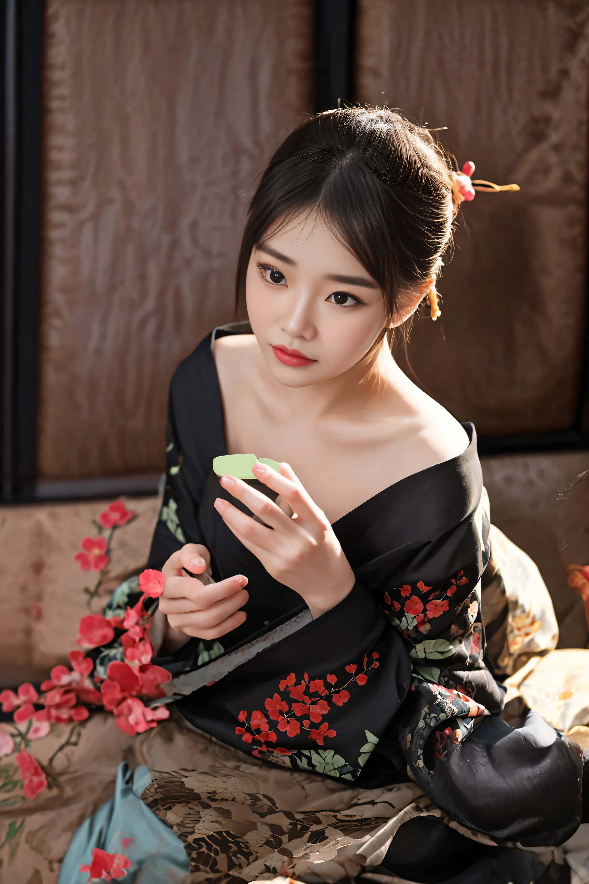 there is a woman sitting on a couch with a cell phone, palace , a girl in hanfu, elegant japanese woman, hanfu, chinese woman, chinese girl, traditional beauty, beautiful oriental woman, portrait shot, chinese style, tea ceremony scene, with acient chinese clothes, japanese woman, wearing ancient chinese clothes, japanese model, gorgeous chinese model