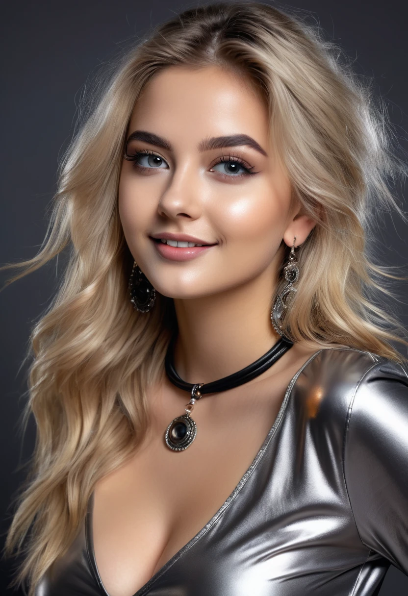 hyperrealistic beautiful busty 18-year-old women in shiny longsleeve top and leather leggins, model shooting full body photography, dyed platin-blonde very long messy hair, dark eye makeup with eyeliner, seductive smile, small necklace and earrings, 8K, best quality, Meisterwerk, ultra high resolution, (Realismus: 1.4), Originalfoto, (realistische Hautstruktur: 1.3), (Filmkorn: 1.3), (Selfie-Winkel), 1 girl, Beautiful round eyes and facial details, Meisterwerk, best quality