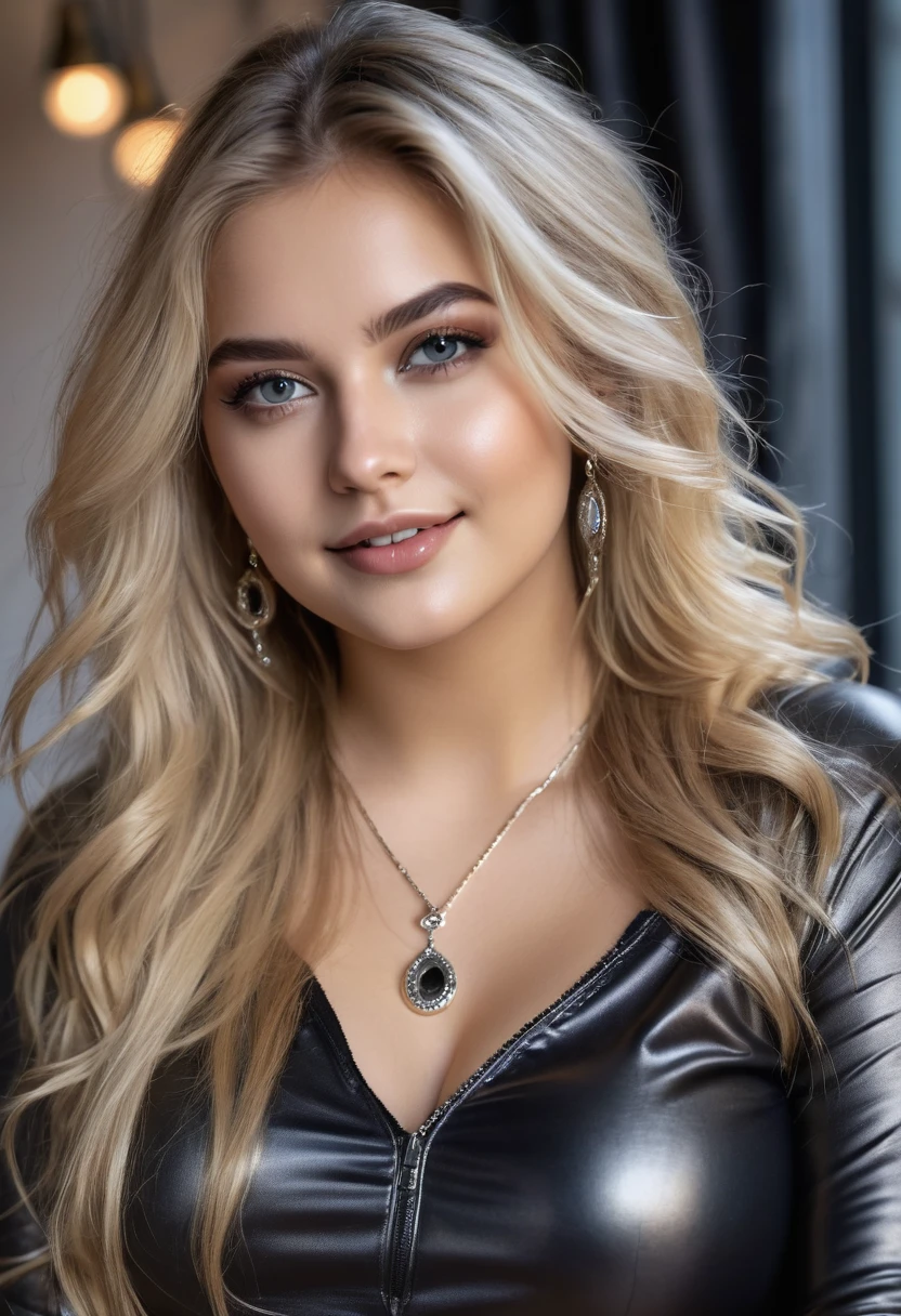 hyperrealistic beautiful busty 18-year-old women in shiny longsleeve top and leather leggins, model shooting full body photography, dyed platin-blonde very long messy hair, dark eye makeup with eyeliner, seductive smile, small necklace and earrings, 8K, best quality, Meisterwerk, ultra high resolution, (Realismus: 1.4), Originalfoto, (realistische Hautstruktur: 1.3), (Filmkorn: 1.3), (Selfie-Winkel), 1 girl, Beautiful round eyes and facial details, Meisterwerk, best quality