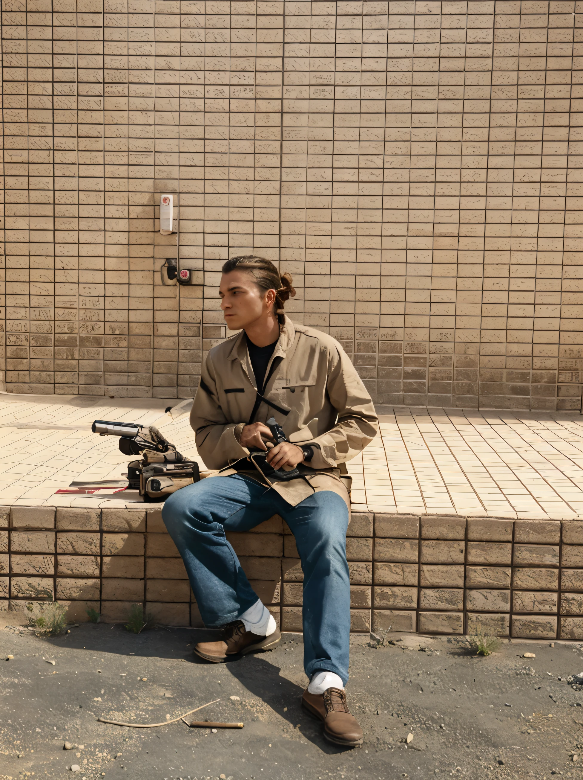Male gun smoking desert assassin tied hair
