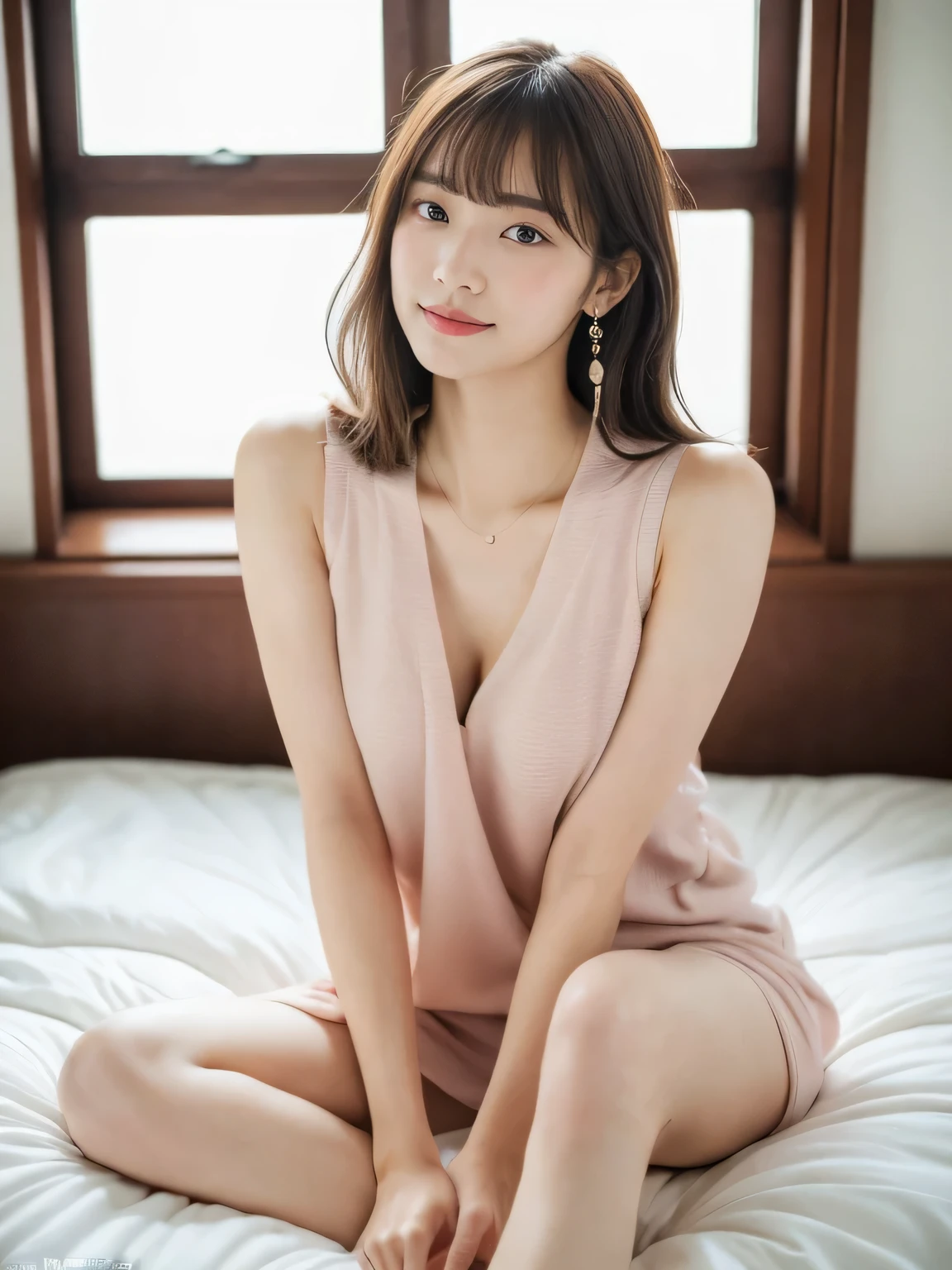 (8k, RAW Photos, highest quality, masterpiece: 1.2), Super detailed, Super Resolution, (Genuine, Genuine photos: 1.37), Portraiture, High-resolution RAW color photos, Professional photos, Very detailed and beautiful, Very detailed, 8k wallpaper, Amazing details, Large file size, Official Art, Very detailed CG Unity 8k wallpaper, Very detailed beautiful girls, Very detailed faces, Very detailed目, Very detailed肌, Very elaborate fingers, Very detailed鼻, Very sophisticated mouth, Perfect Anatomy, Very detailed background, Very elaborate clothing, (18:1.2), 20th Generation, cute girl, Famous Japanese Idols, cute, Realistic body, , White skin, Glowing Skin, The body is slim, Handsome body, Brown Hair, Short Curly Hair, (Blunt bangs: 1.2), smile, cute, like々Shii, Cute face, Genuineistic face, Delicate eyes, Sagging eyes, Earrings, looking at the camera, Positive, traitor, Main Street, Dynamic Lighting, indoor,
Age 25, 1 person, ((Beautiful announcer, Cute mouth:1.2)),
((Gorgeous Earrings, Long Necklace:1.2)),
((sitting with legs stretched out in the futon, Open your legs a little:1.5)),
(Pay attention to the beautiful thighs:1.5),
((Sexy atmosphere, Naughty pose, Kissing Mouth, hold out your lips, Cute and shy, Gazing intently at the audience:1.2)),
((Boyfriend's bedroom, Good mood with my boyfriend, Looking up:1.5)),
((Makes a face of anguish during sex:1.2)),
((Big white bed, White wall, Near a tall window, The sunlight shines in, Bright room:1.2)),
Realistic skin texture, Fair skin, Shiny skin, Beautiful skin on legs, Beautiful feet,
Very detailed顔, Slim face contour, Beauty and small face, Beautiful Shii Nose,
Super detailedな目, Slit eyes, Brown eyes, double eyelid, Ultra-thin eyebrows, Thin, long eyelashes,
Super detailedな唇, Plump and moisturized lips, Glossy pink lips, Flushed Cheeks,
Beautiful actress's languid make-up, Pink lipstick, Smoky eyeshadow, Eye foundation,
Dark Brown Hair, Delicate soft hair, Hair blowing in the wind,
(Elegantly putting your hair up, Medium Short Hair, ponytail:1.2),
Layered Cut, (Blunt bangs:1.2),
((Mouth slightly open to reveal white teeth, Stick out your tongue a little)), Body facing forward,
((Raise your face slightly)),
((Squinting)),
((pursing lips:1.2)),
((Blushing:1.2)),
((The cleavage between her breasts is fluffy, Beautiful breasts)),