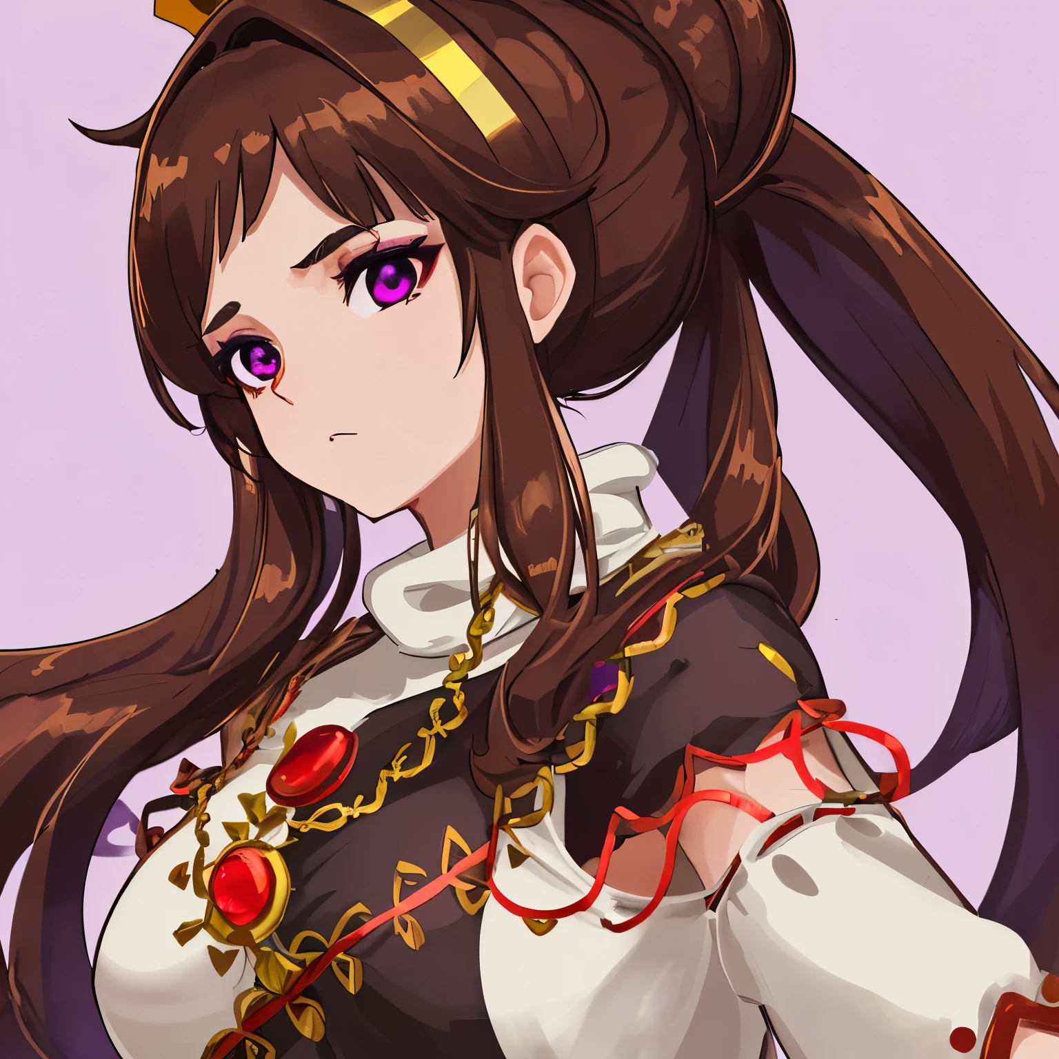 Beautiful brown hair woman, with one light purple eye and one black eye, wear casual clothe, red cope and wear a small yellow crown on the head, big size breast (4k)