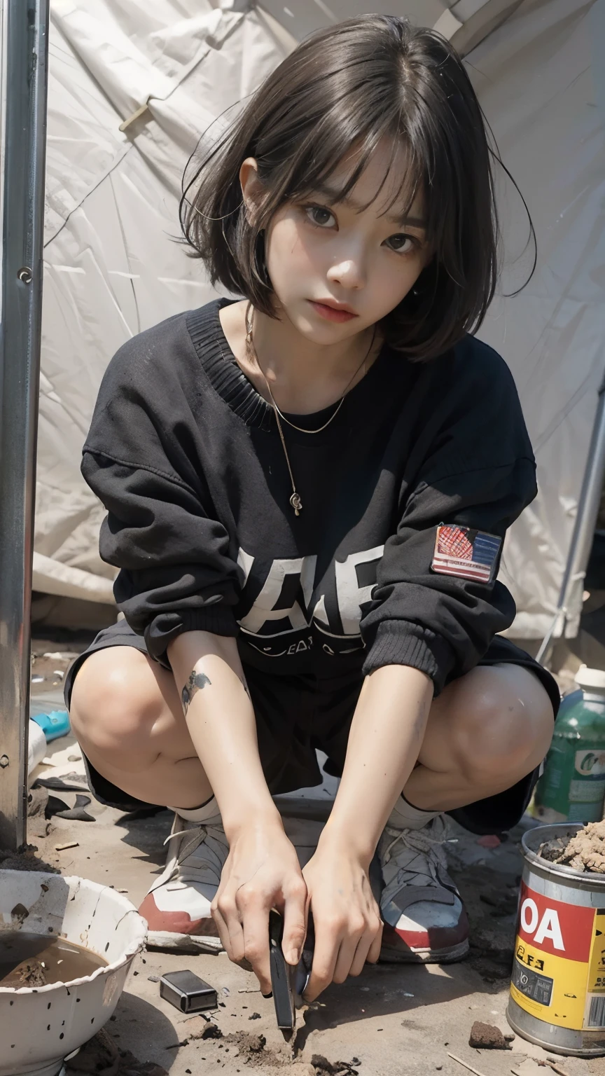 Bobcut,Eating rotten canned food,(((Homeless))),Bad complexion,Full of trash,Korean women,Pitch black,Tattered clothes,(((The collapsed room))),(((Garbage dump))),Crouching,((( in a destroyed city,Oil,Mud stains,shit,dirty))),(((Frowning,カメラをGlaring))),((((Rubble pile))),After the disaster,Very fine eye, junk,((Inside the barrack tent)),((refuge)),(((He&#39;s wearing a tattered and dirty black hoodie.,Wearing ripped pants))),(((Collapsing Building))),(((Tragic))),((photograph)),(((Fabric Shading))), (((highest quality))), (((masterpiece))) strong girl, ((((Realistic)))),,Black Hair, chic hairstyle, ((With bangs,ストレートミディアムBobcut, nice hair)), Light makeup,Red eyes, (((I&#39;m not wearing lipstick))), (nice, strong), (((Strong night atmosphere))), Centered Images, Looking at the camera, Elegant colors,Realistic Skin,Realistic texture,８k,whole body,Pale skin,Red iris,Expressionless,Glaring,Perfect Face,(((Big eyes))),Holding a blank board