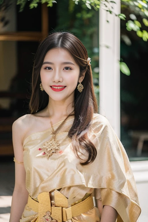 detailed face, Clear face, beautiful girl, Asian makeup, red lips, smile, brown hair, crown, half body, , Thai angel costume, Vintage Thai style, ancient, Medium sexy dress,d red dress, high resolution, Random pose, evening light, flower garden background.