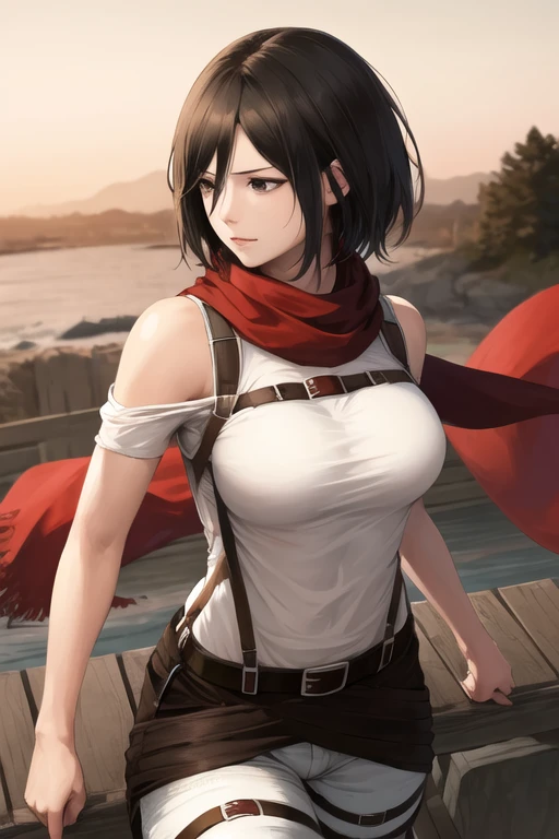 (best quality,highres,masterpiece:1.2), realistic,hmmikasa, black eyes, short hair, red scarf, thigh belt, black pants, white t-shirt, bare shoulders, (mikasa_ackerman_v1:0.7), fighting stance, large breasts, sky