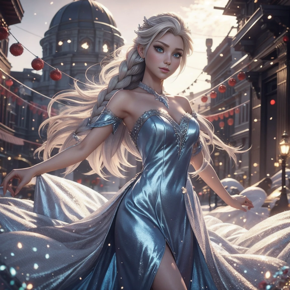 Generate an realistic image of Elsa from Frozen, real character Frozen elsa, dressed in modern fashion for a New Year's . HDR 8K texture dress, visual render Elsa, Elsa should be wearing a red, delicate long dress , along with a New Year's santa hat. The dress should be stylish and suitable for a princess. New Year's dress with real feathers and tassels