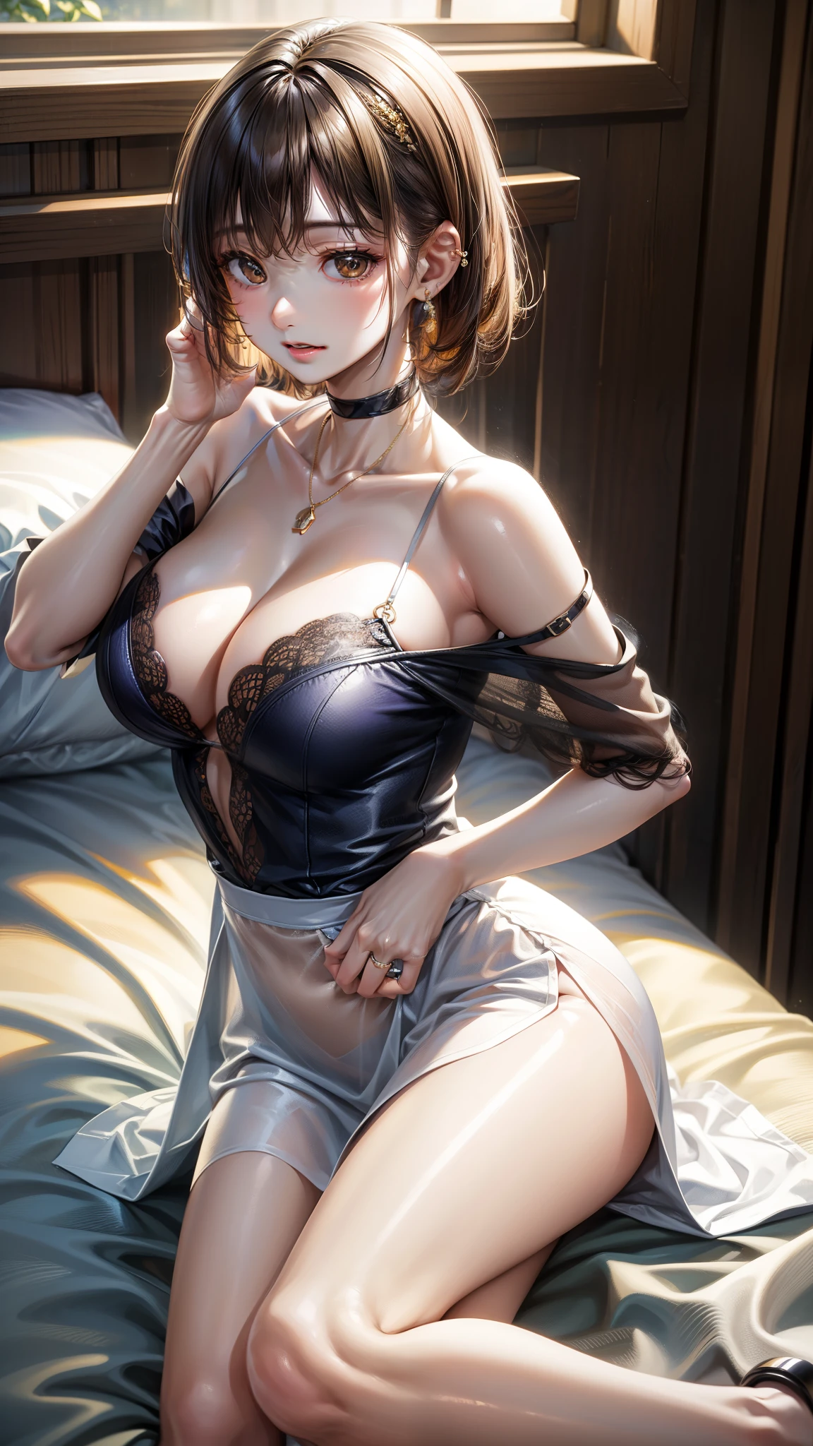 8K quality、High definition eyean Attacking、A female secretary embraced by a man、A man puts a woman on his hip、Massage the breasts、Brown and purple short hair、Brown eyes、Ring piercing of the earlobe、Bright sunshine、Off-the-shoulder dress、Short length、Beautiful legs、Beautiful thighs、On the bed、Dignified face、、Seduce your boss