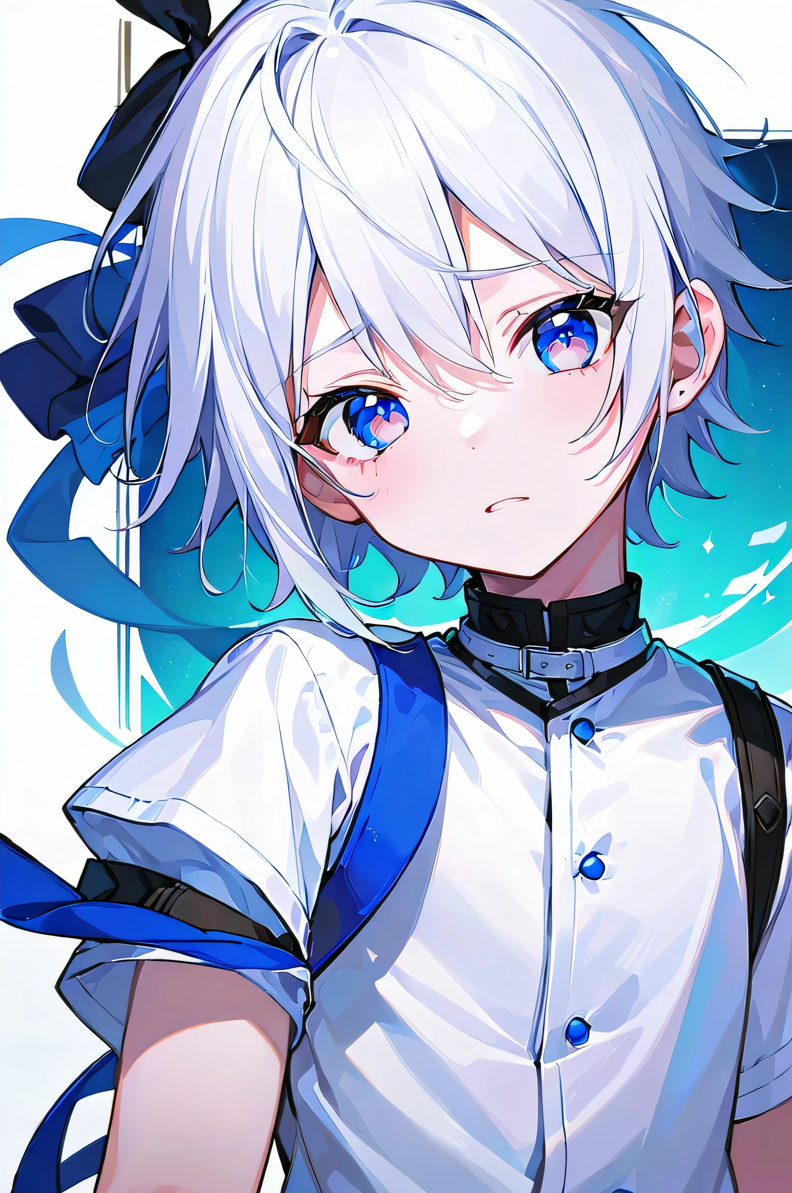 [(WHITE BACKGROUND:1.5),::5], ((((masterpiece)))), high quality, very_high_resolution, large_filesize, full color, ((little boy)), 13 old year, ((short white hair)), vivid color, ((Blue eye)), civilian clothes white, animestyle,