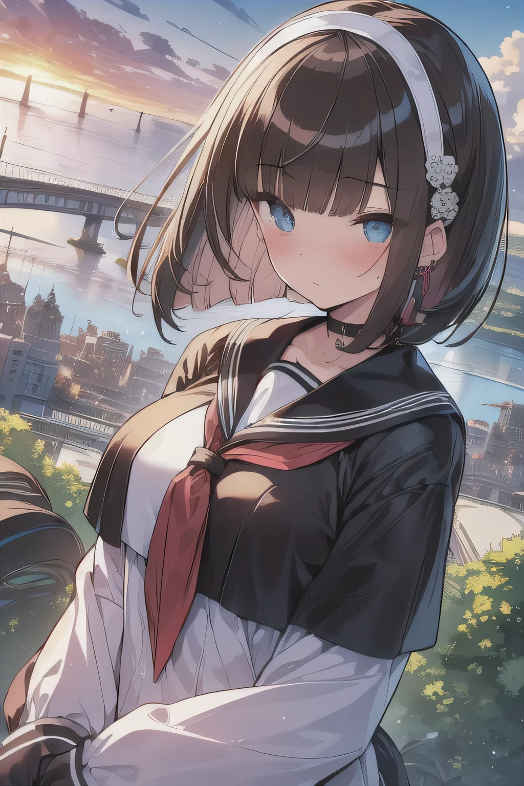(best quality), (Super detailed), (Best Illustration), (masterpiece), (woman), upper body, (white serafuku), (large breasts), {(detailed eyes), blue eyes}, {brown hair, (sideburns), (bob cut:1.3), curly hair, hairs between eyes, colored inner hair}, blush, earring, hair band, (wind), beautiful sky, (panoramic view:1.4)