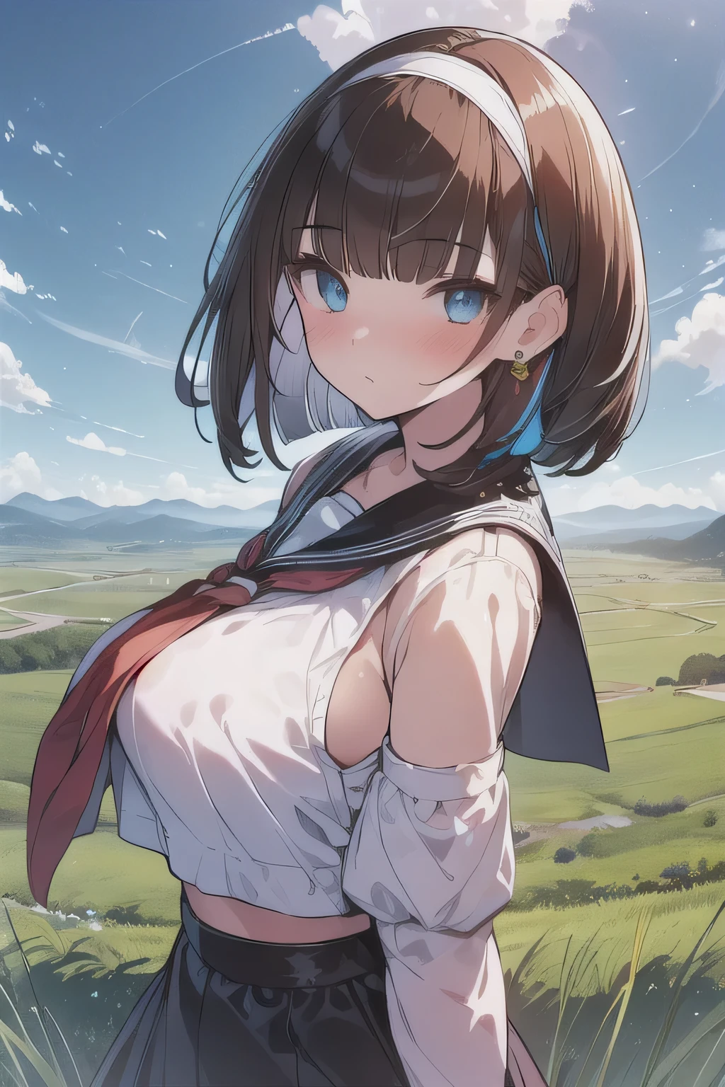 Sunset grassland background、nature、one person、sit、thin light brown hair、short hair、long pants、nervous、Gentle、cute、small breasts、I can see Oheso、underboob、naked