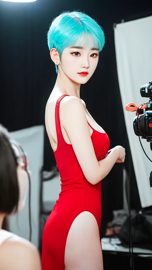 Professional photography, 16K, ultra realistic, super detailed, high resolution, best quality, head: 1.3, 1girl alone, (Korean K-pop idol), pale-cyan hair, short hair, pale-white skin, illuminated skin, realistic shading, realistic textures, sharp focus, ( cinema lighting), clavicle, Morning, soft light, dream aesthetic, dream atmosphere, dynamic angle, [: (face detail:1.2):0.2], natural big breasts, tight slit, red dress, hot slim, mid-chest, cleavage, body whole, blurred background, different positions in various types of angles. 