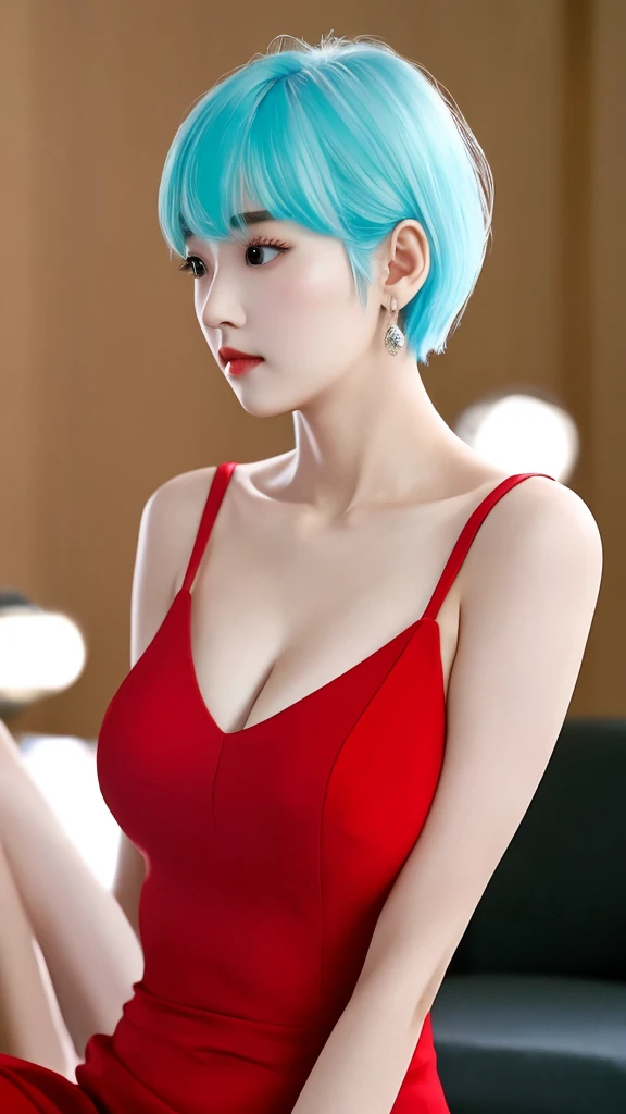 Professional photography, 16K, ultra realistic, super detailed, high resolution, best quality, head: 1.3, 1girl alone, (Korean K-pop idol), pale-cyan hair, short hair, pale-white skin, illuminated skin, realistic shading, realistic textures, sharp focus, ( cinema lighting), clavicle, Morning, soft light, dream aesthetic, dream atmosphere, dynamic angle, [: (face detail:1.2):0.2], natural big breasts, tight slit, red dress, hot slim, mid-chest, cleavage, body whole, blurred background, different positions in various types of angles. 