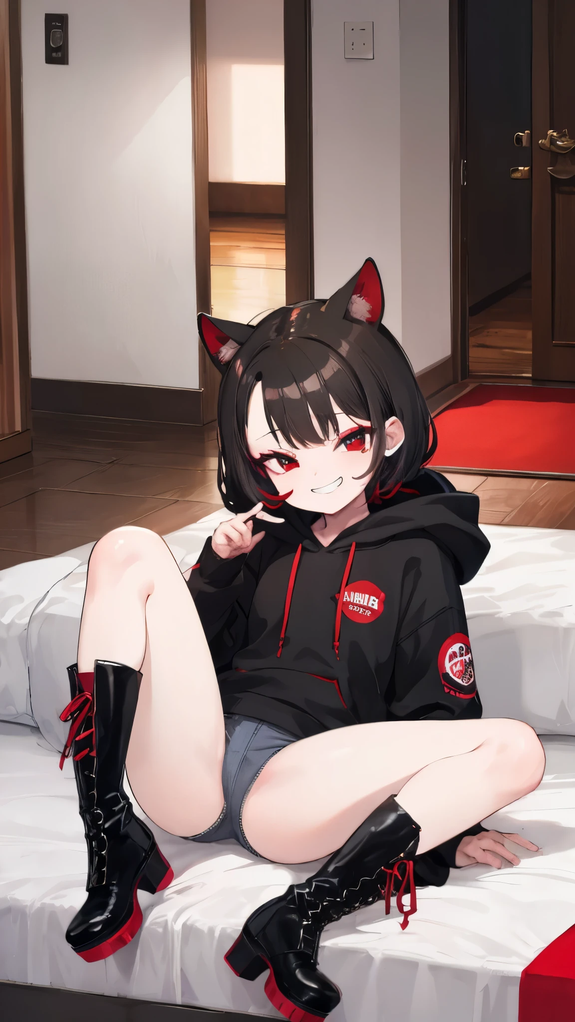 cute、A grinning face、Inside the Hotel、Sitting on the bed、
black and White hoodie、Red and black hoodie、White hoodie、black platform boots、black platform boots、perfect finger、((Red carpet))、
Brown Hair、Black Hair、Black Hairロング、black eye、